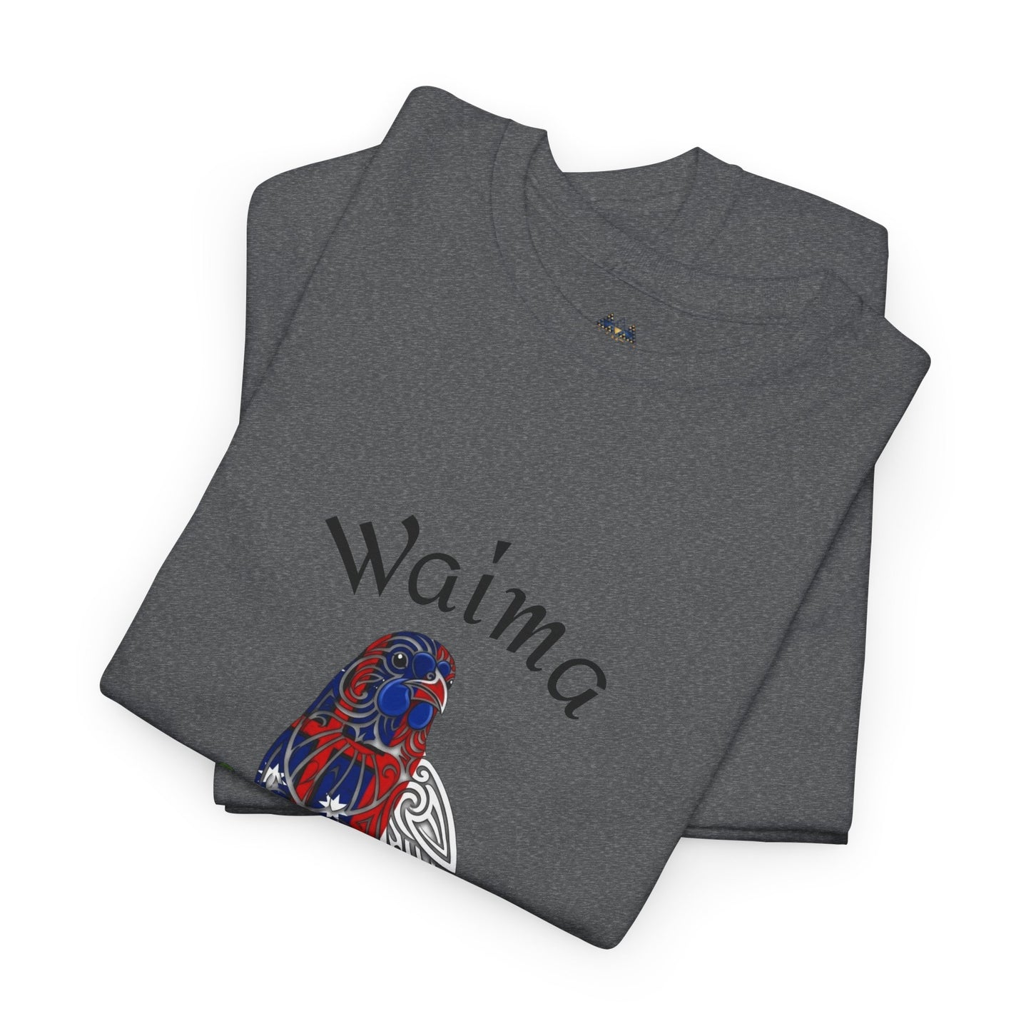 Gray heather T-shirt with bird graphic and Waima lettering on folded front