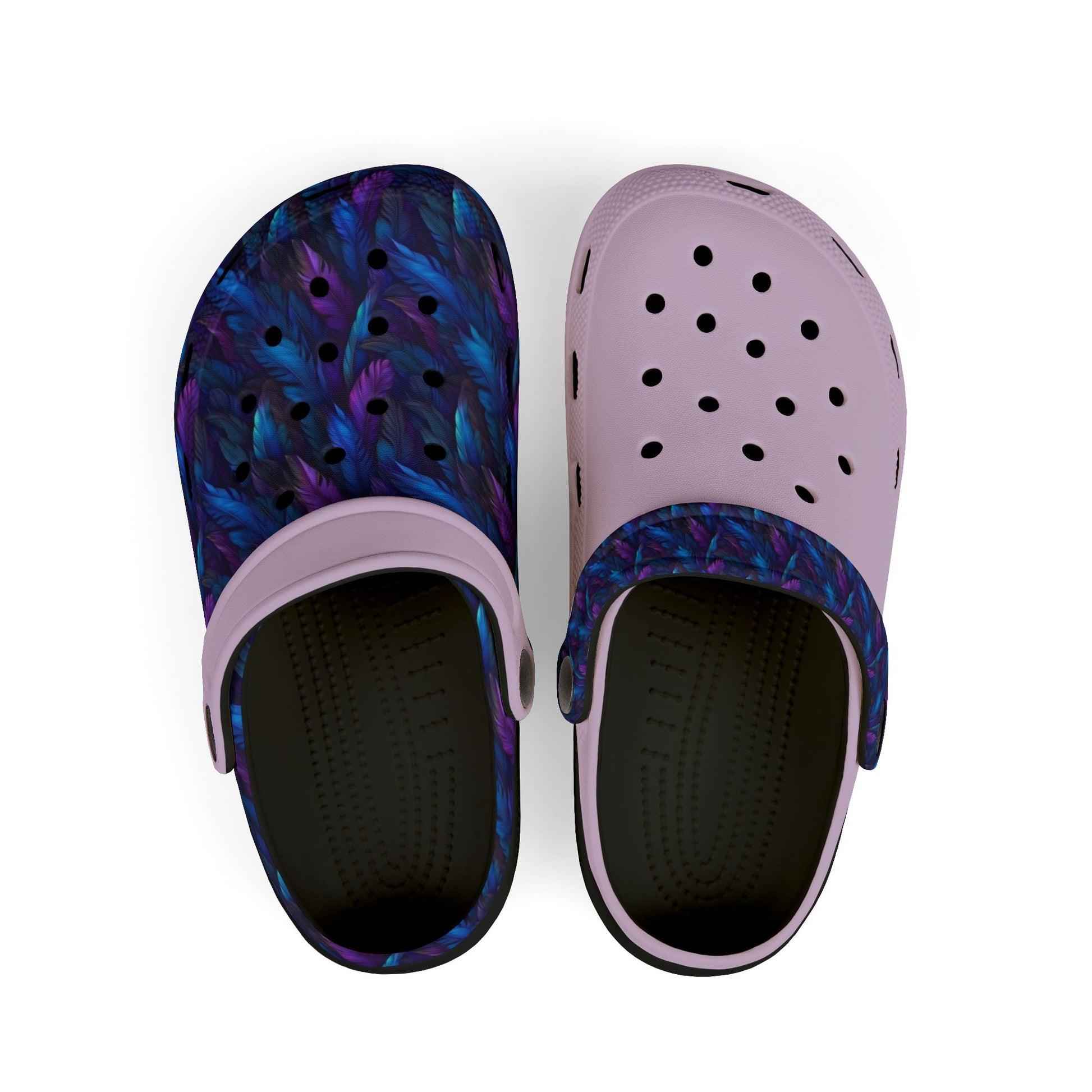 Slip-on clog with lavender upper, dark blue pattern, and perforated toe holes, dark lining