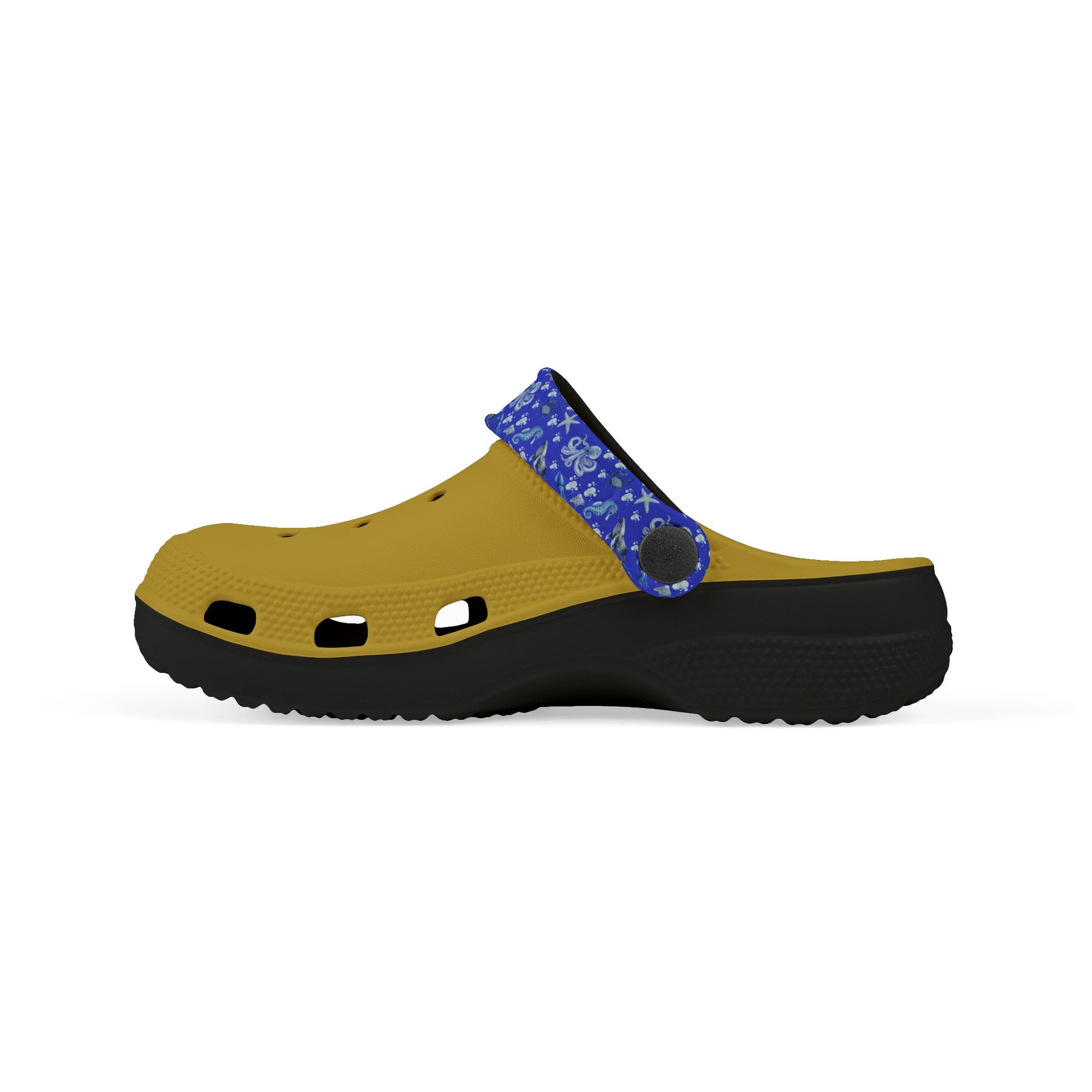 Kids' sea-themed clog with blue printed band, yellow top, black textured sole