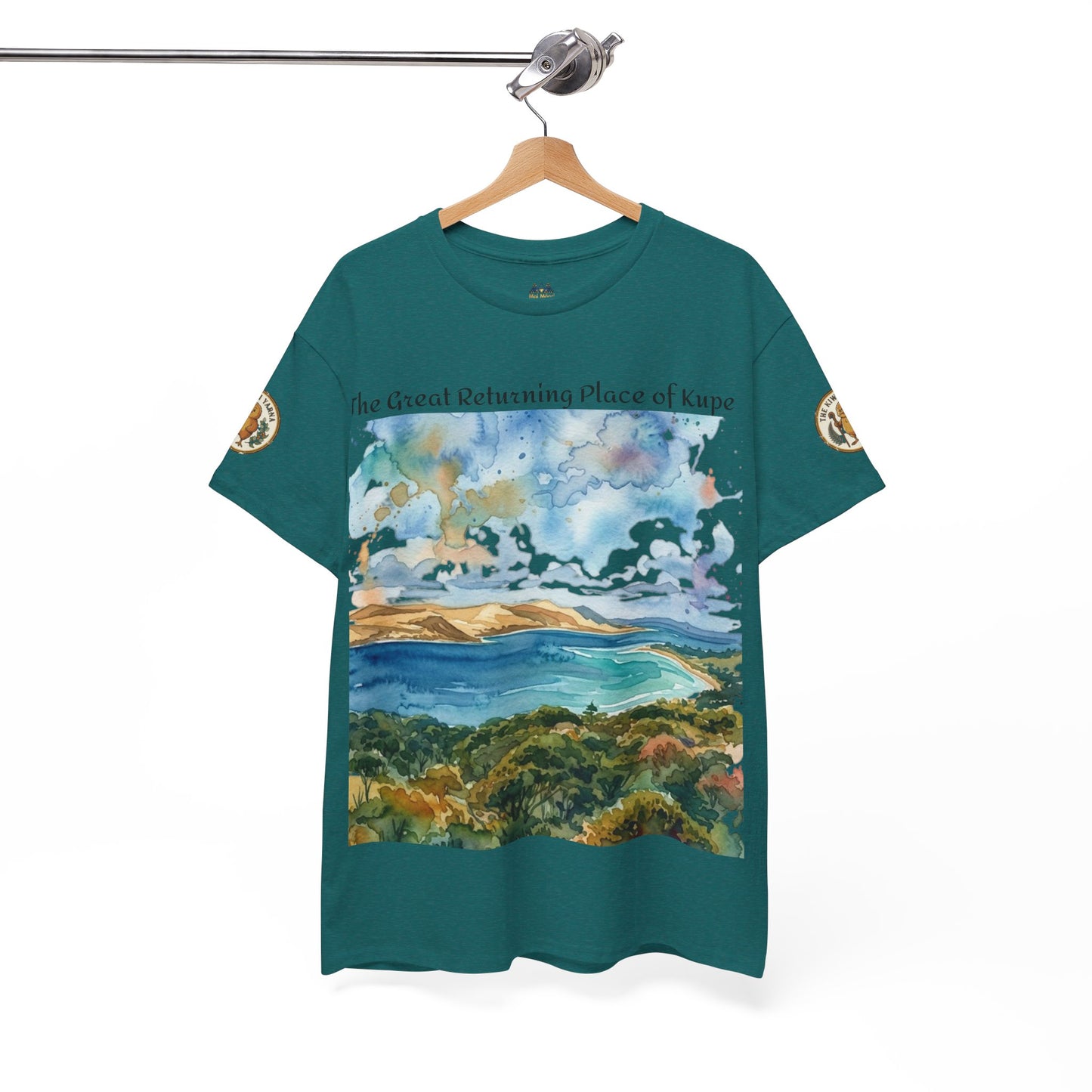 Teal printed T-shirt on hanger with watercolor landscape graphic and sleeve emblem.