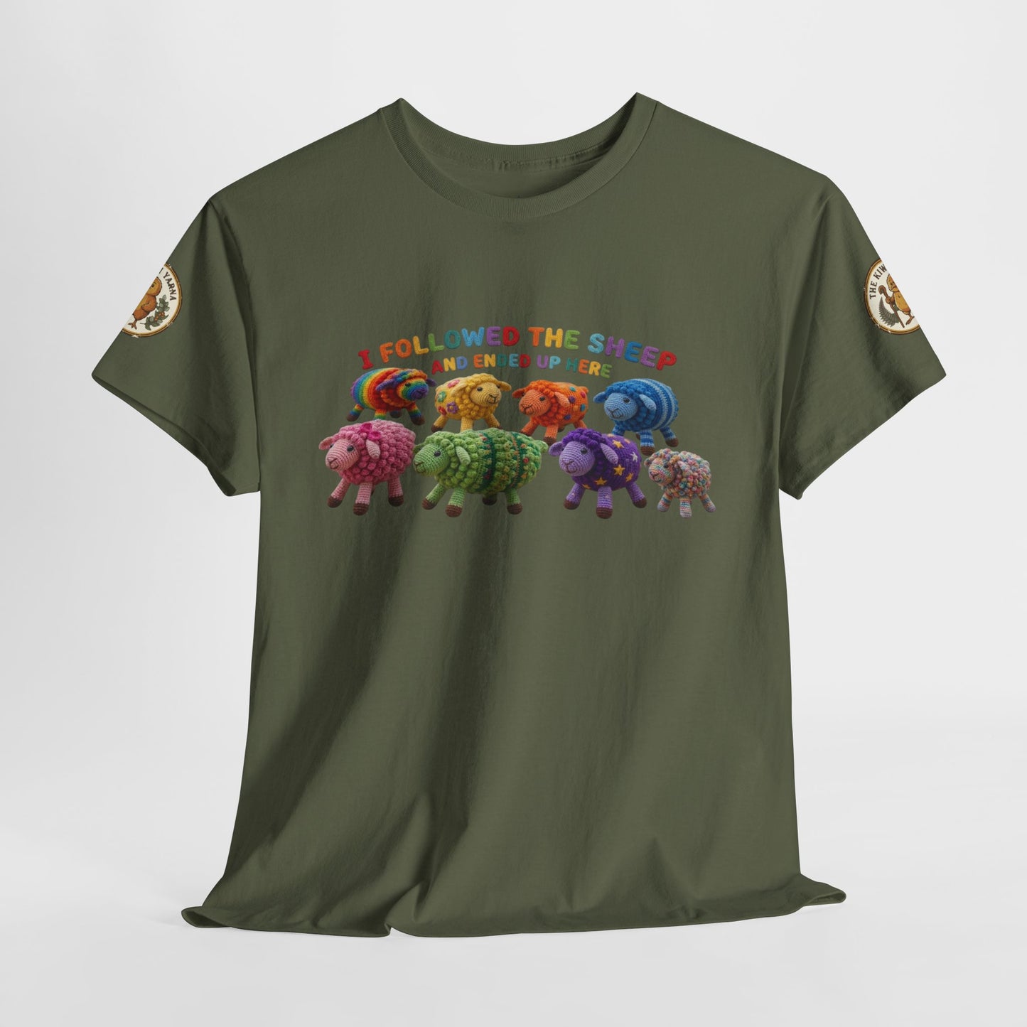 Olive green graphic T-shirt with sheep lineup across chest and round sleeve patches