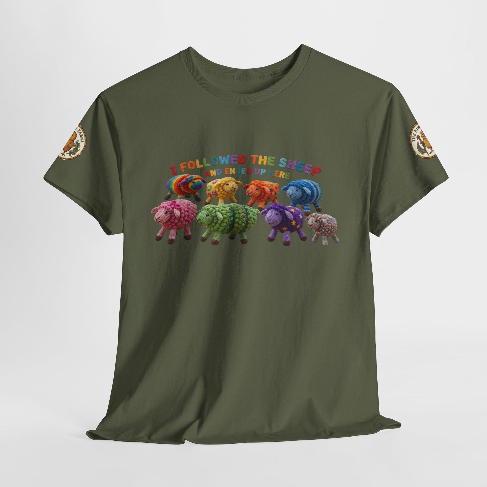 Olive green graphic T-shirt with sheep lineup across chest and round sleeve patches
