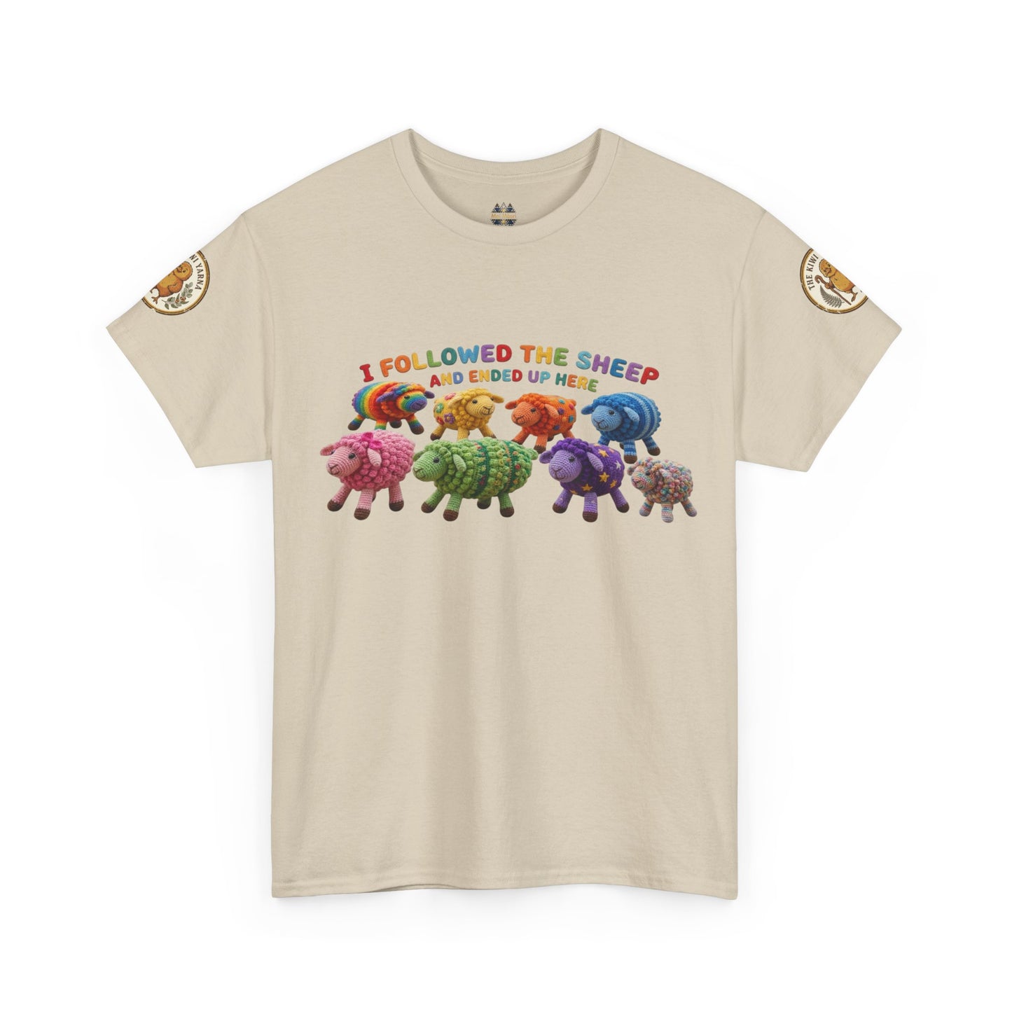 Natural crew-neck graphic T-shirt with colorful sheep crowd print and small circular sleeve badges