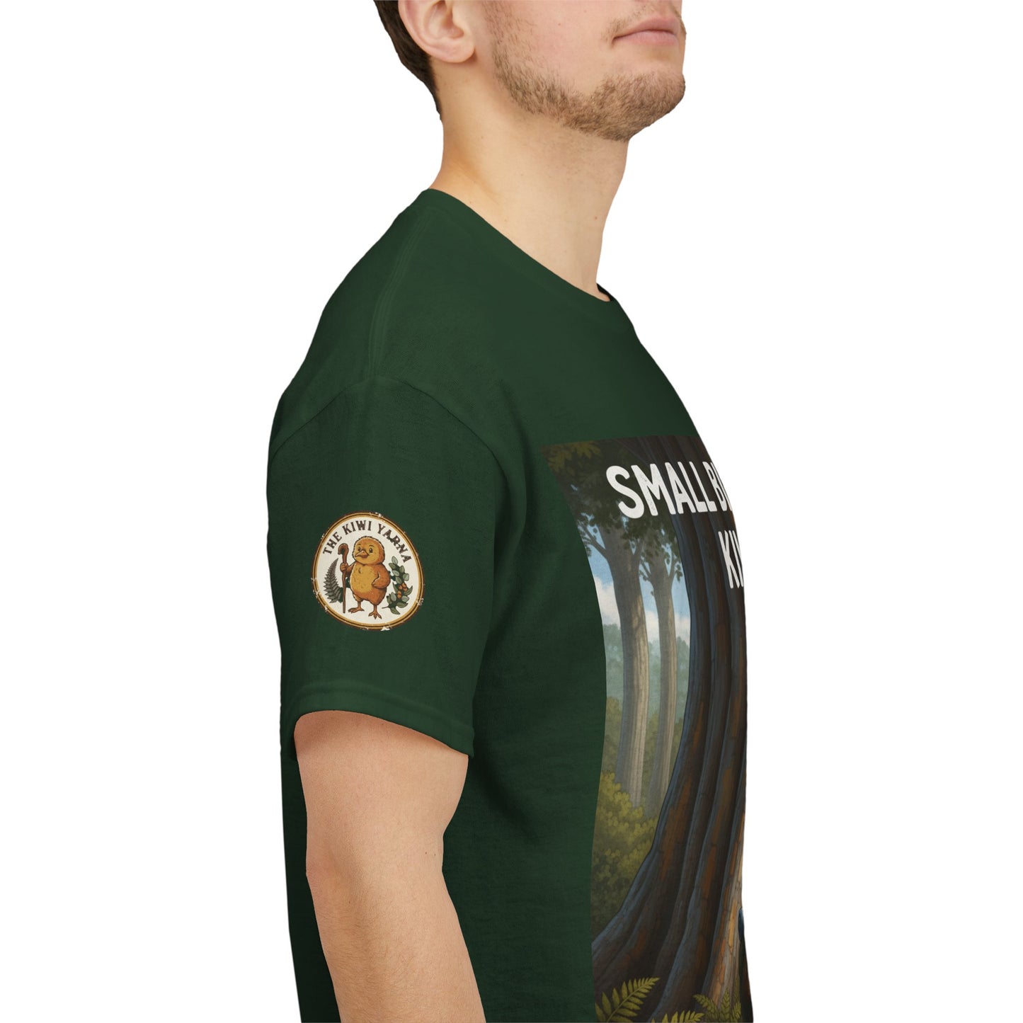 Dark green t-shirt with side sleeve patch and front graphic