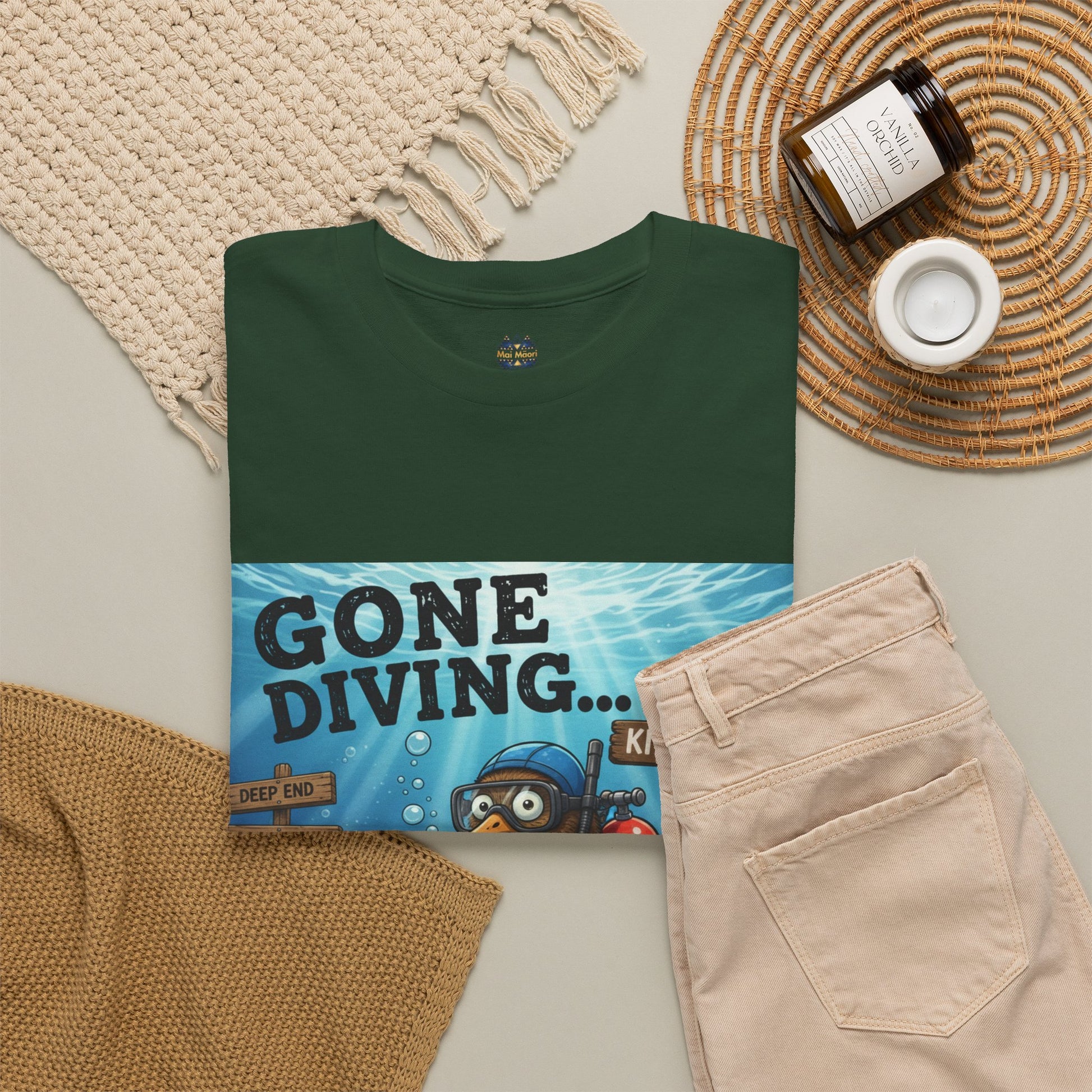 Dark green graphic T-shirt with “Gone Diving” diver design and crew neckline
