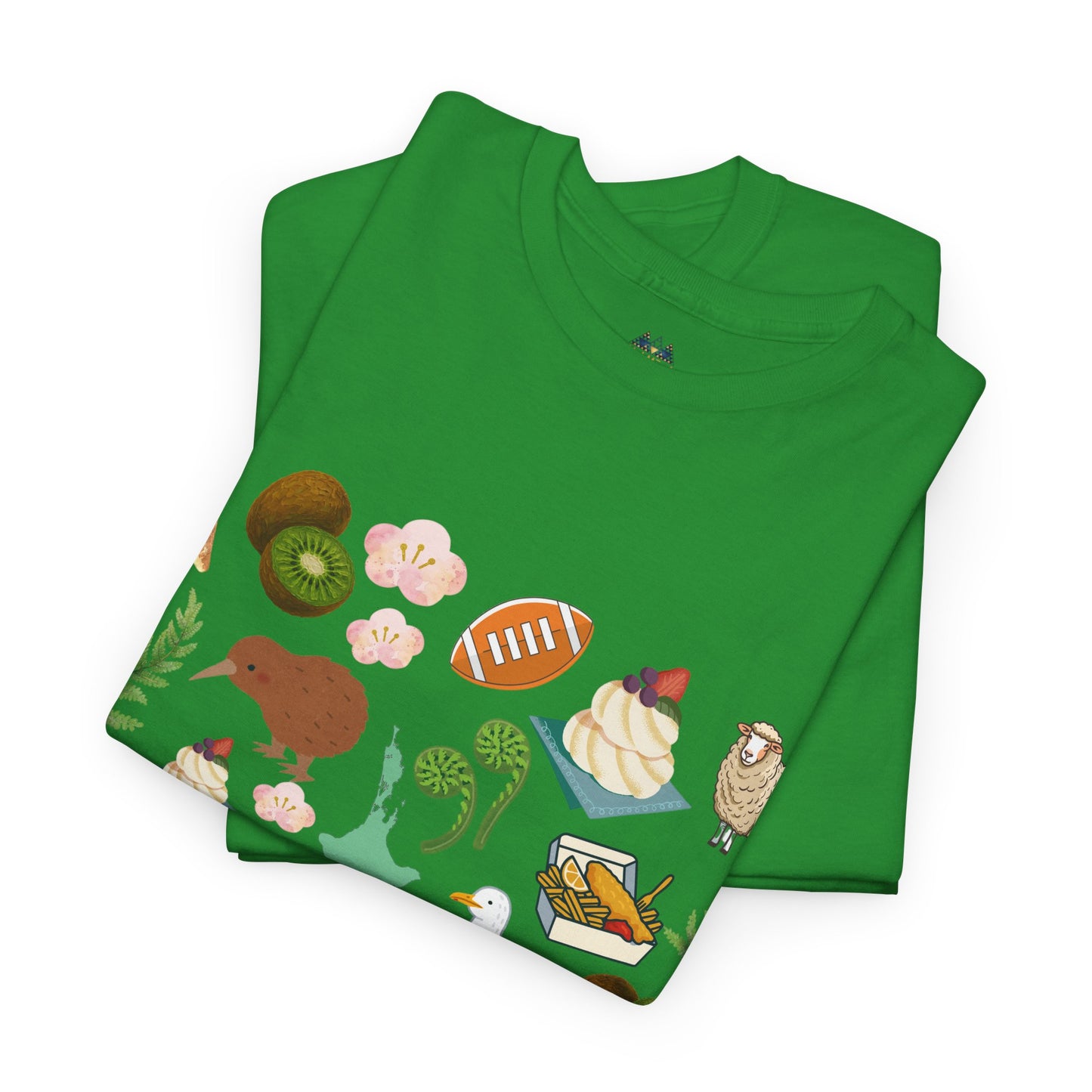 Green crewneck T-shirt with colorful Kiwiana-themed animal and fruit illustrations (front)