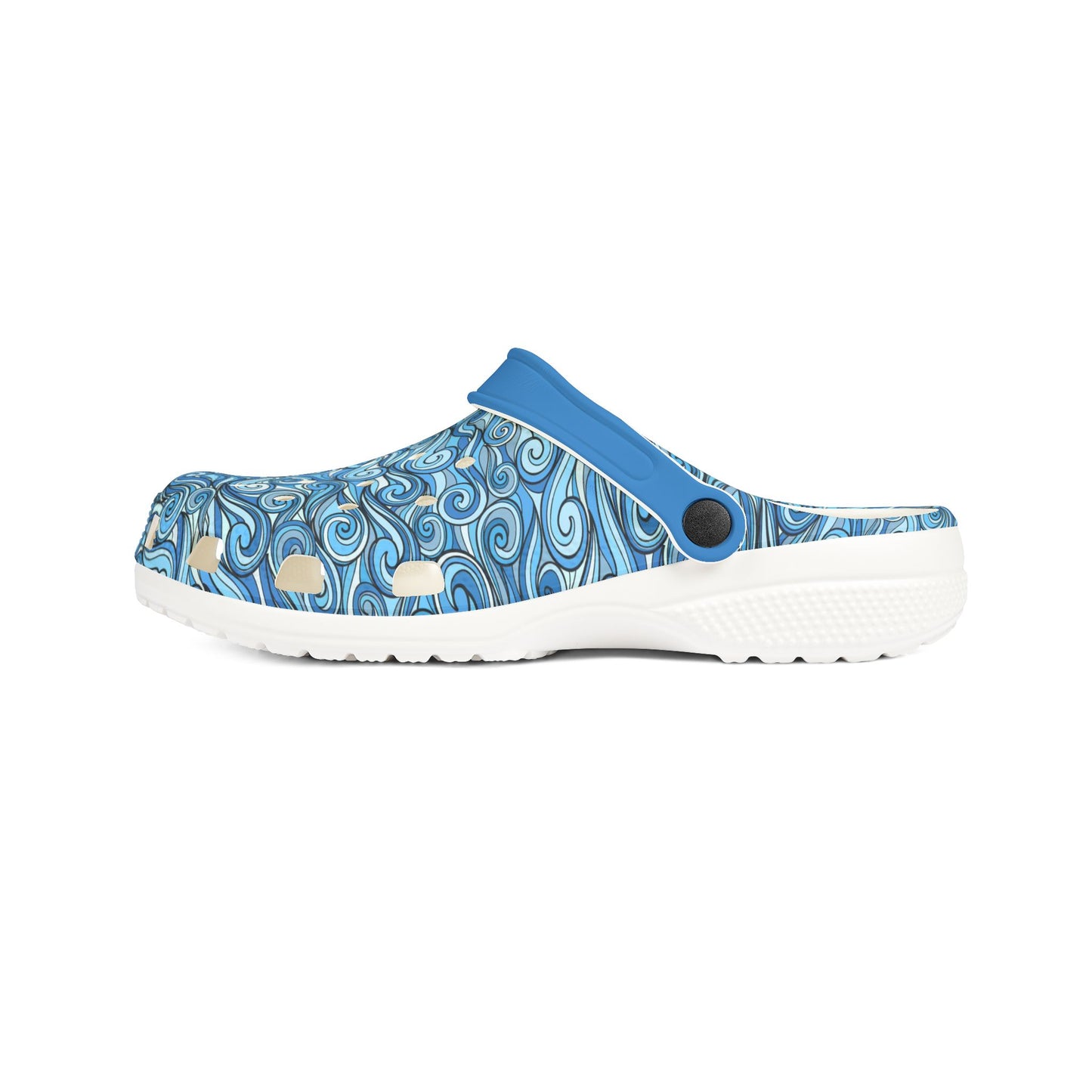 Blue patterned slip-on clog with curved strap and white outsole