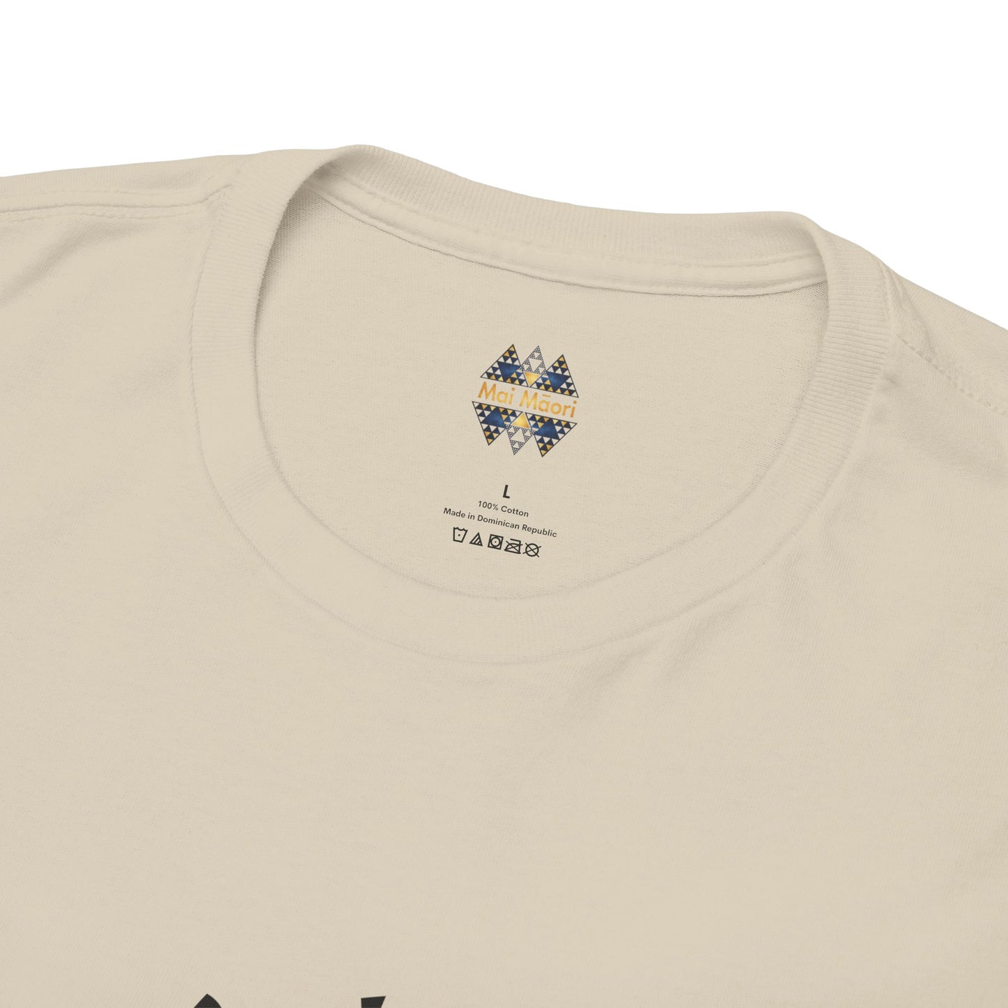 Beige short-sleeve T-shirt close-up of small back-neck print and logo