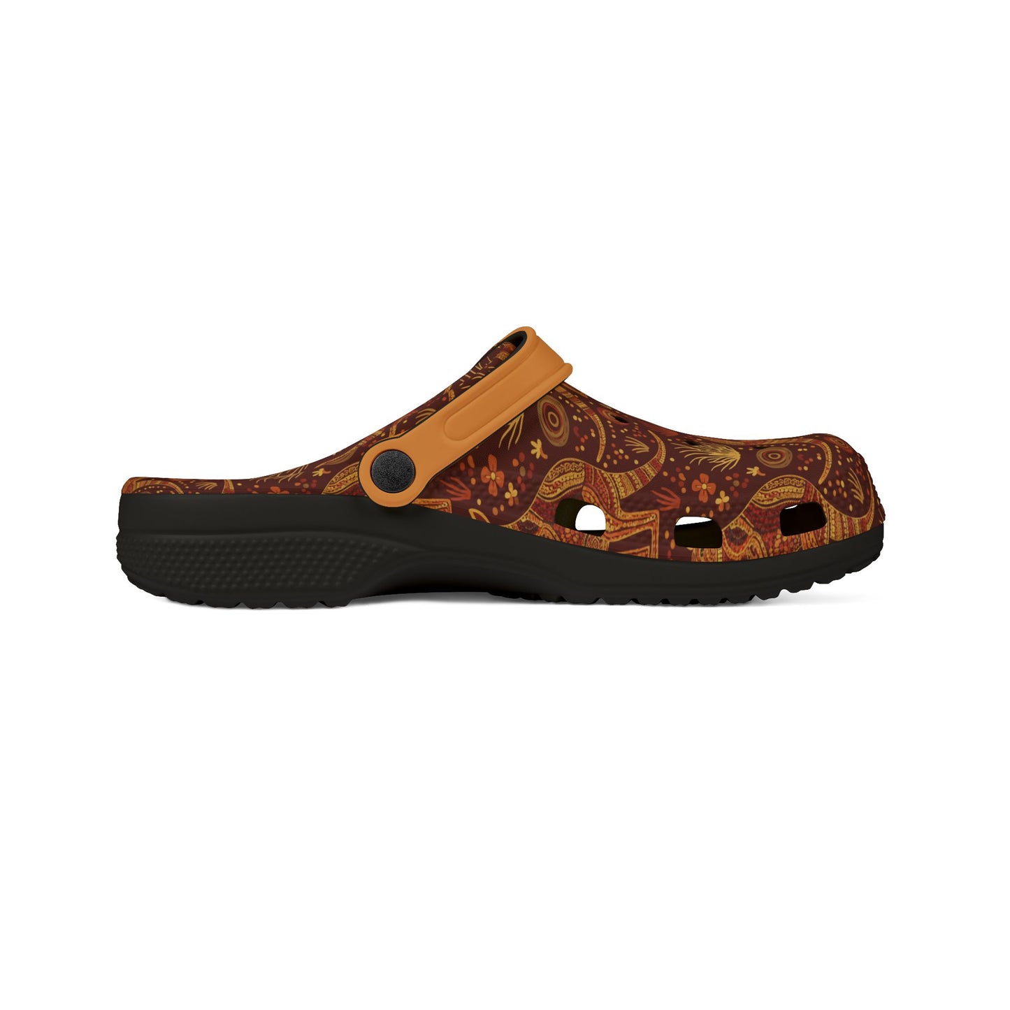 Slip-on clog, patterned upper with orange strap, black outsole, molded texture