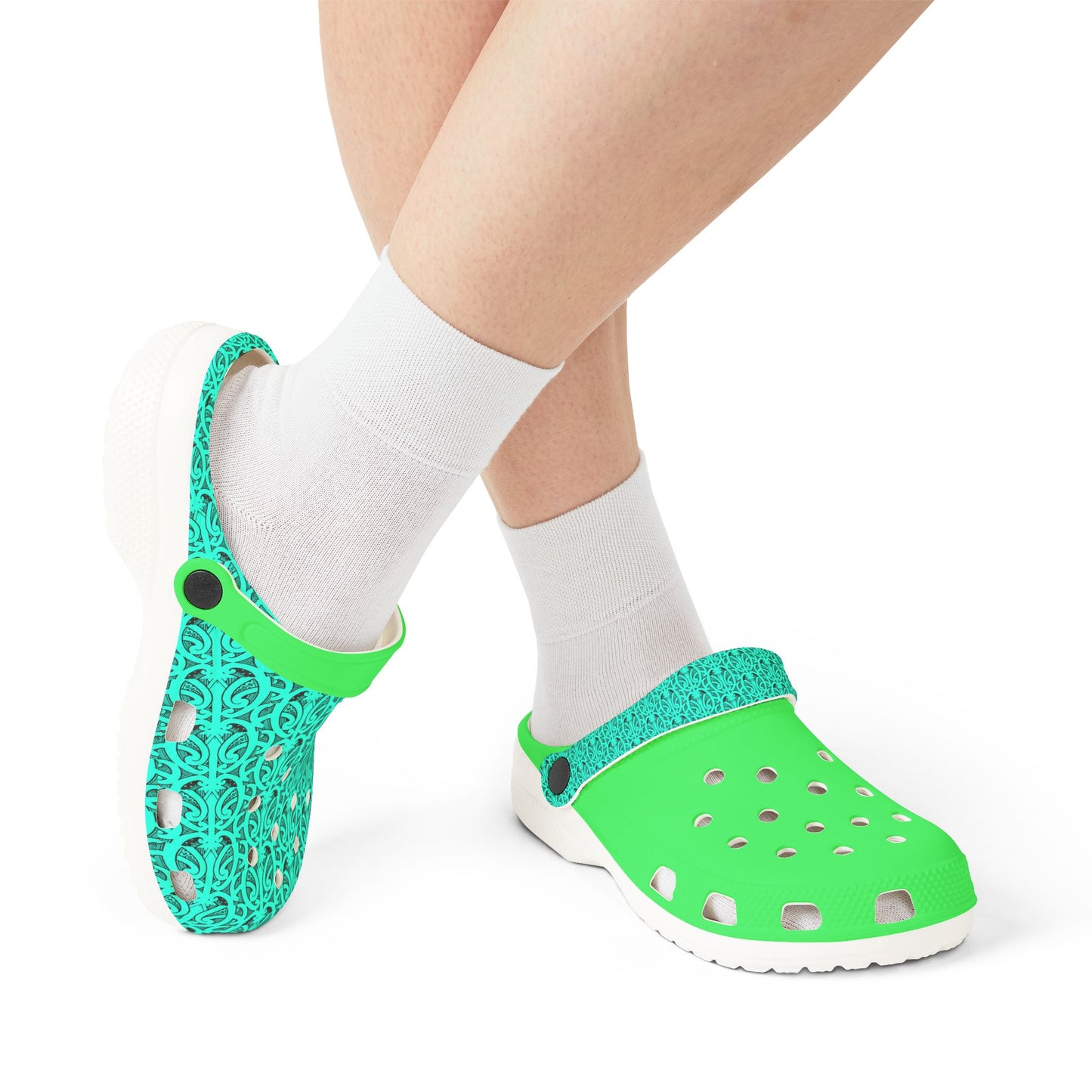 Teal and neon green clog sandals with white socks, side view