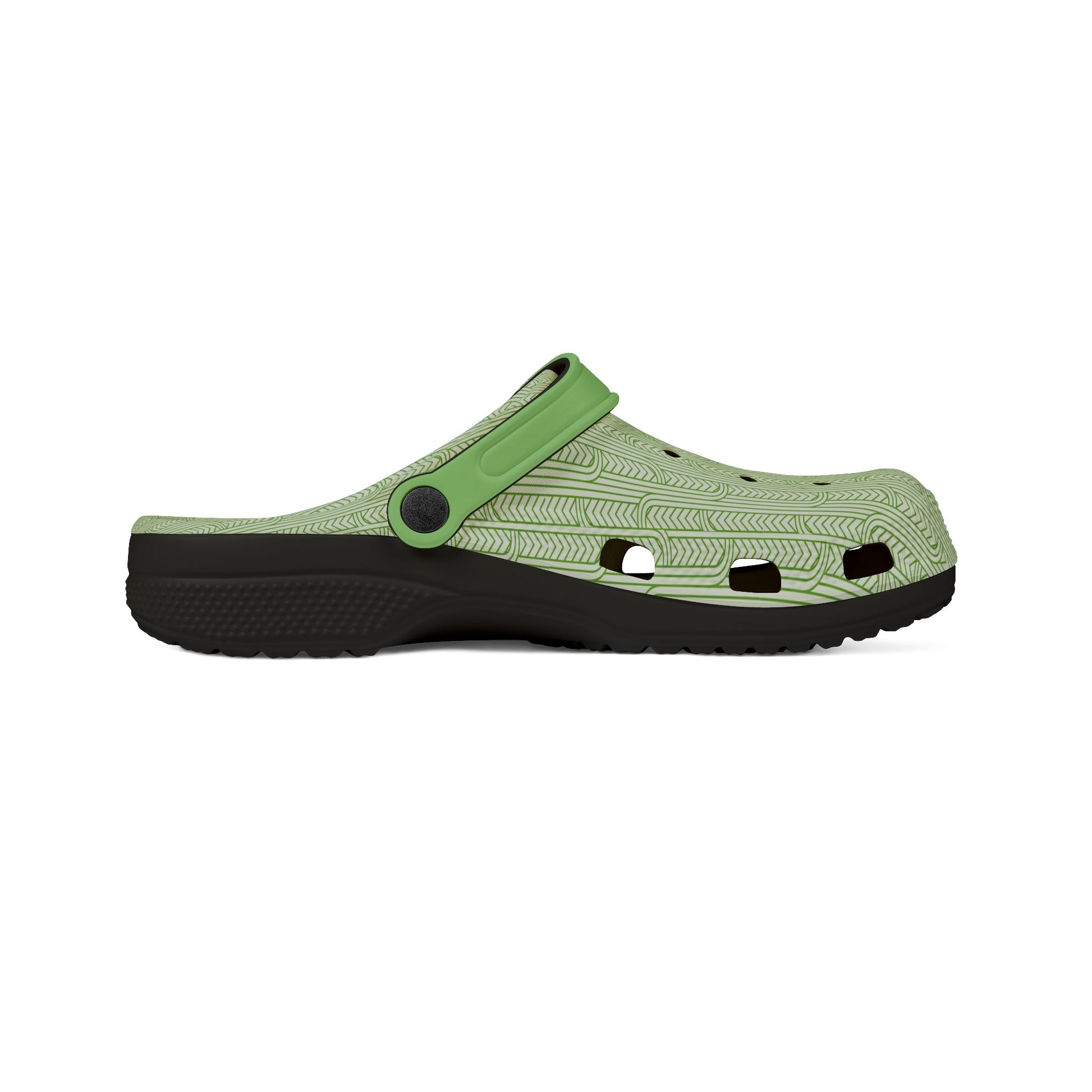 Green clog sandals, side view, perforated strap and black rubber outsole