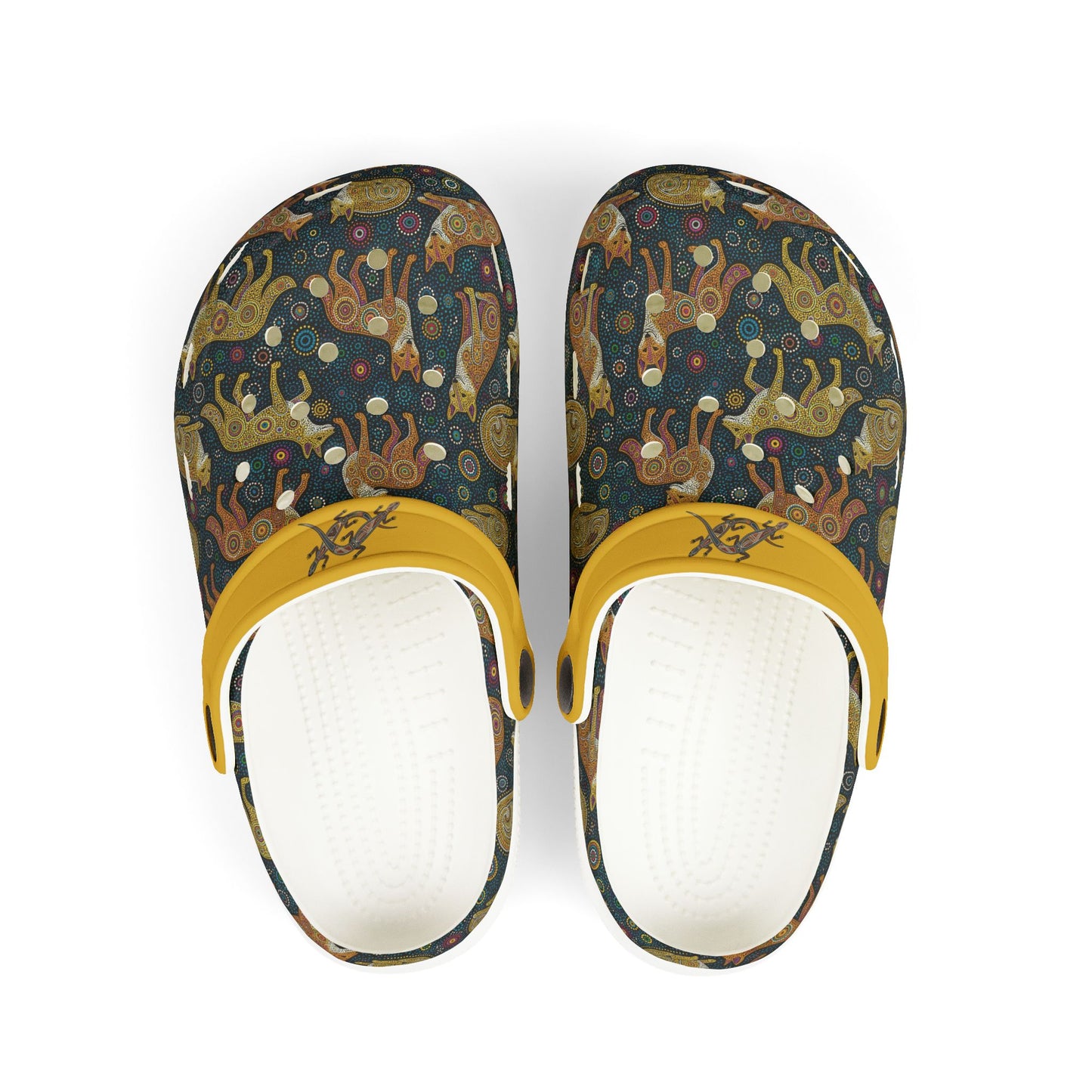 Aboriginal art casual clog shoes, dark patterned uppers with yellow strap, white insoles
