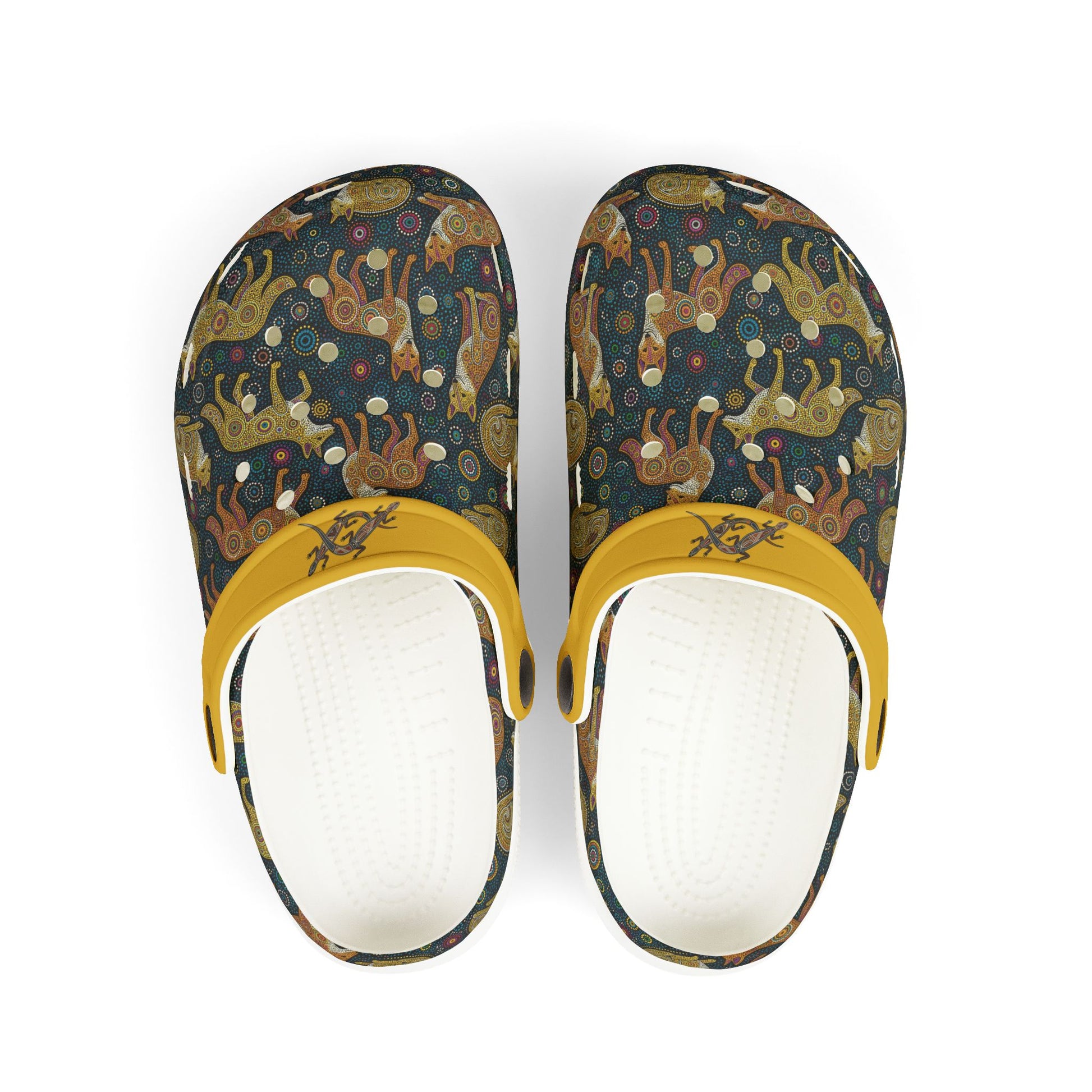 Aboriginal art casual clog shoes, dark patterned uppers with yellow strap, white insoles