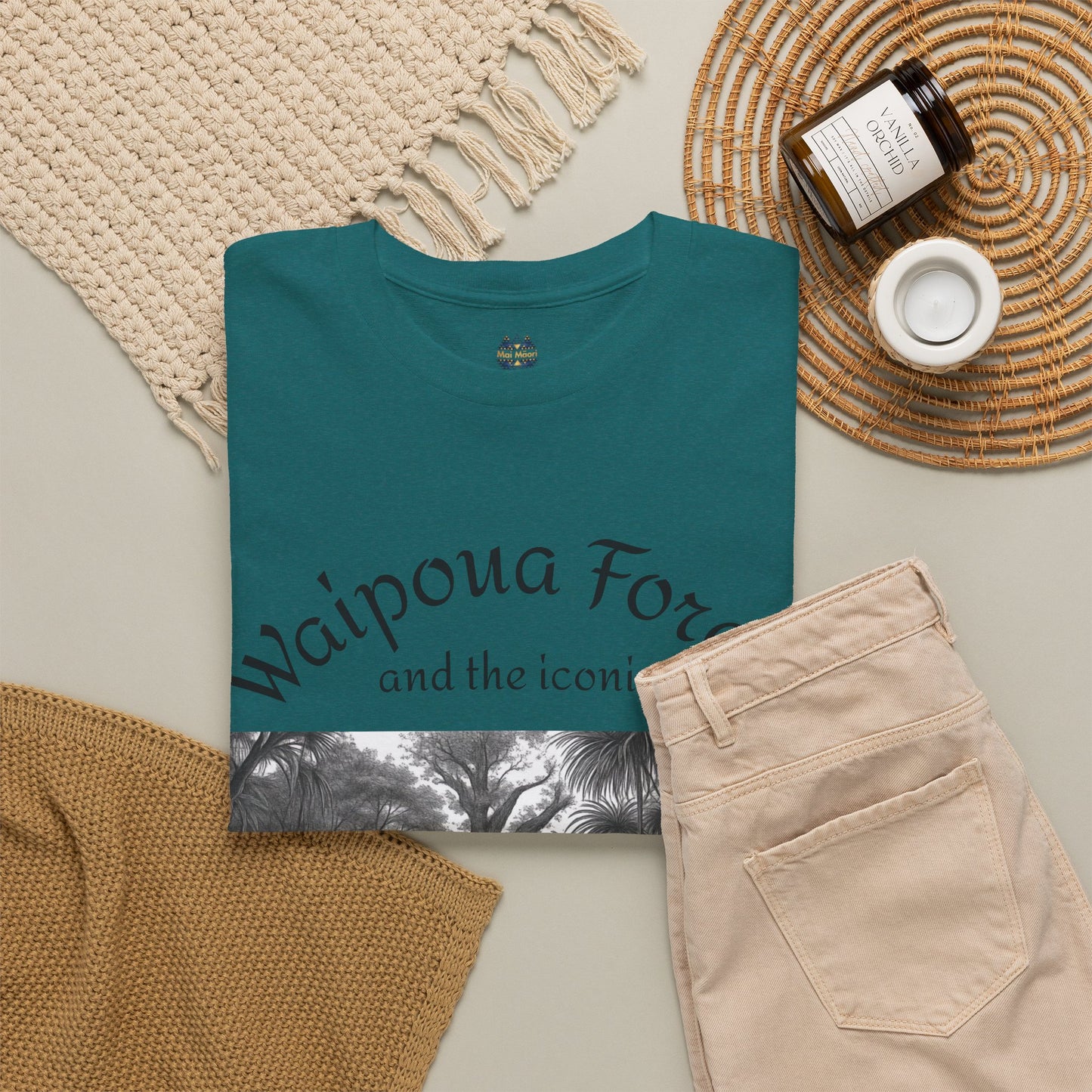 Teal T-shirt with forest graphic panel and Waipoua Forest text, folded on flat lay