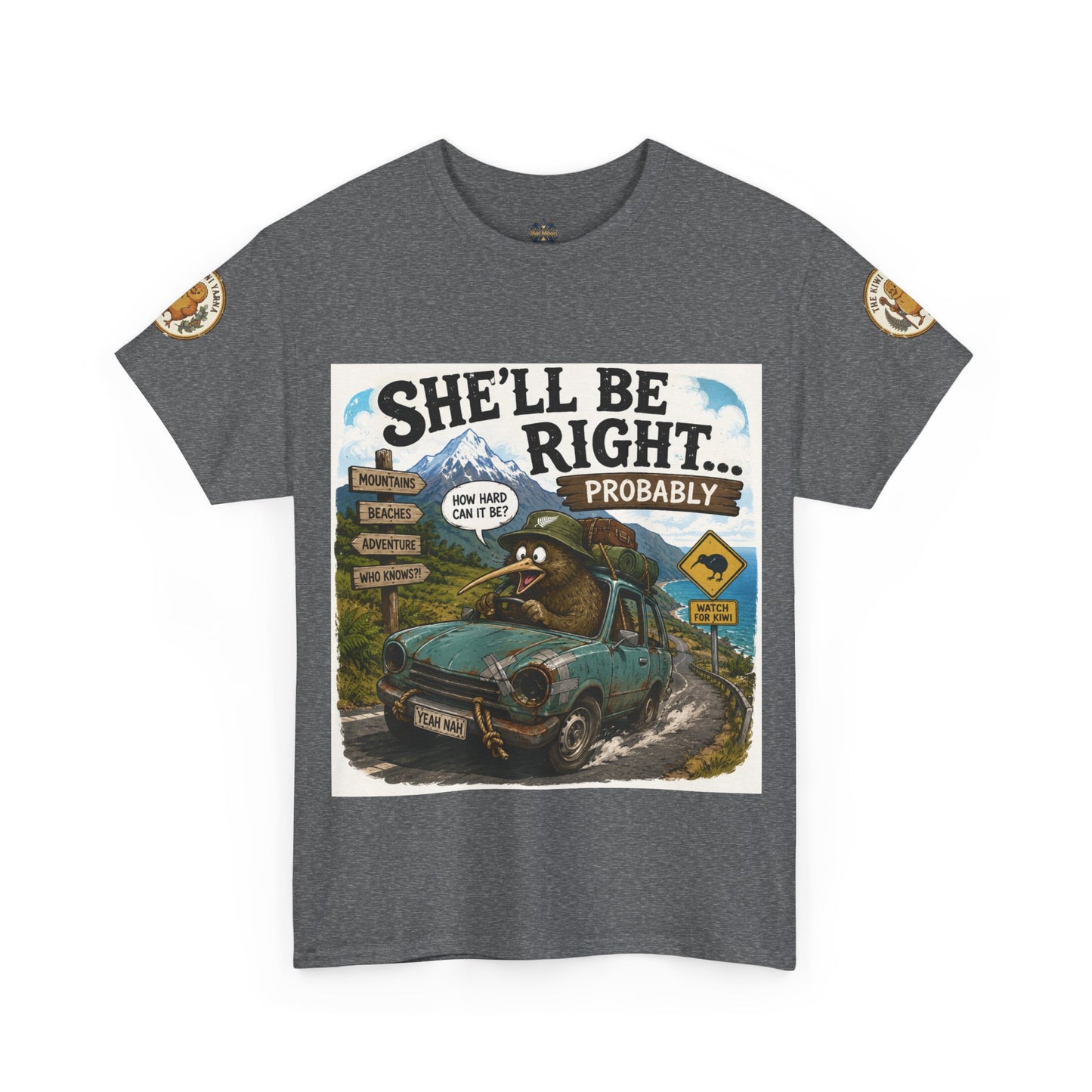 Graphite heather graphic T-shirt with front print and round sleeve logo patches.