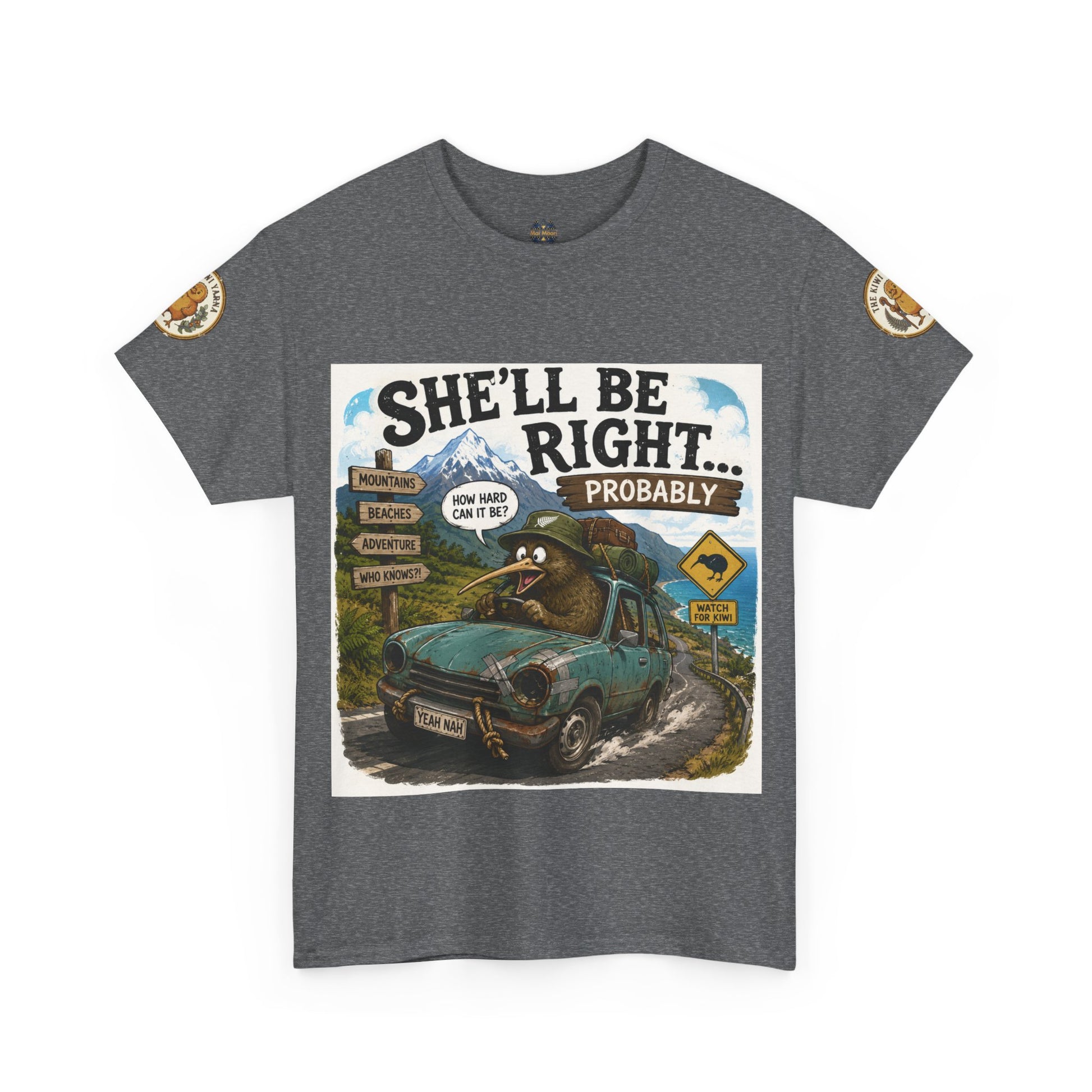 Graphite heather graphic T-shirt with front print and round sleeve logo patches.