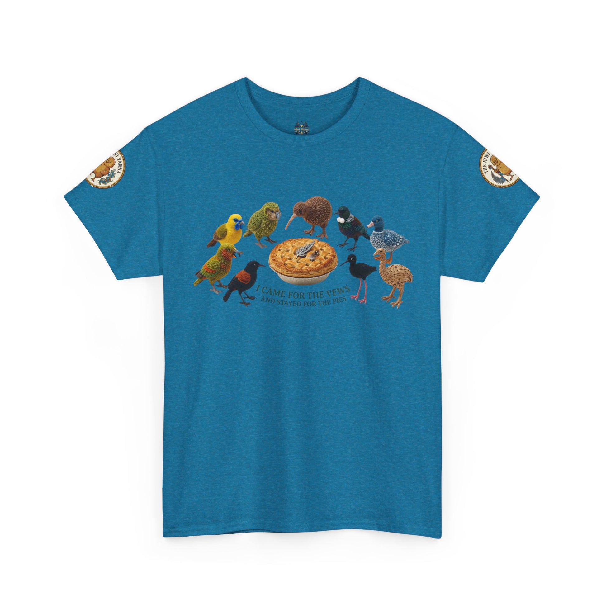 Blue graphic T-shirt with crew neck and colorful bird-and-pizza design on front