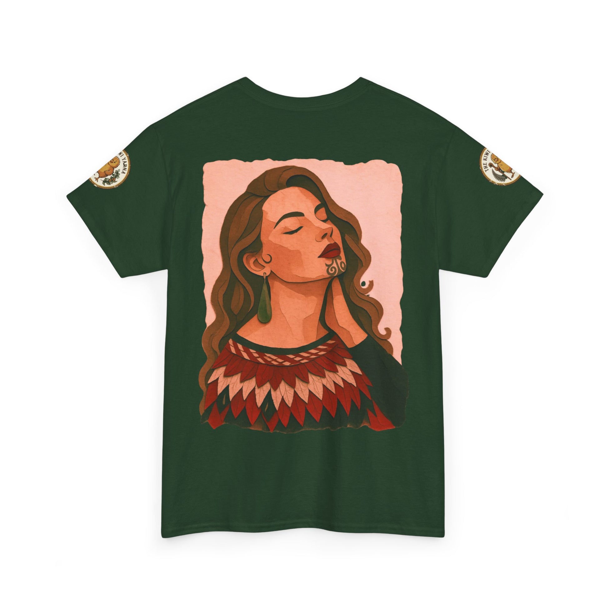 Dark green crewneck graphic T-shirt with woman portrait print, short sleeves.