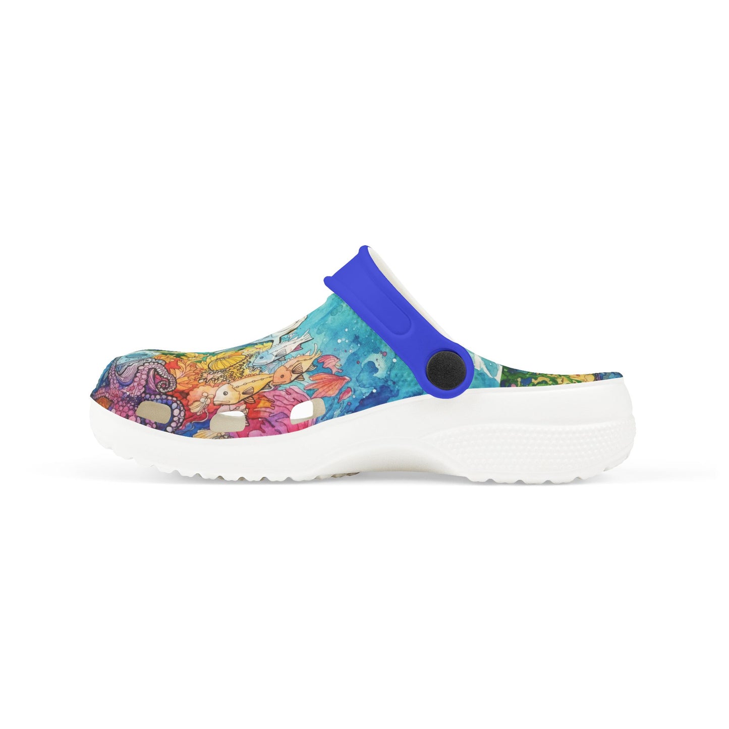 Kids slip-on clogs with colorful ocean reef print, side profile, white outsole, blue strap.