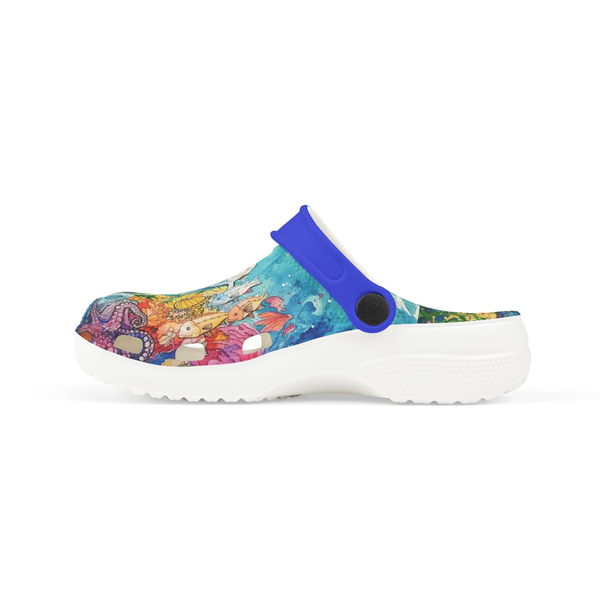 Kids slip-on clogs with colorful ocean reef print, side profile, white outsole, blue strap.