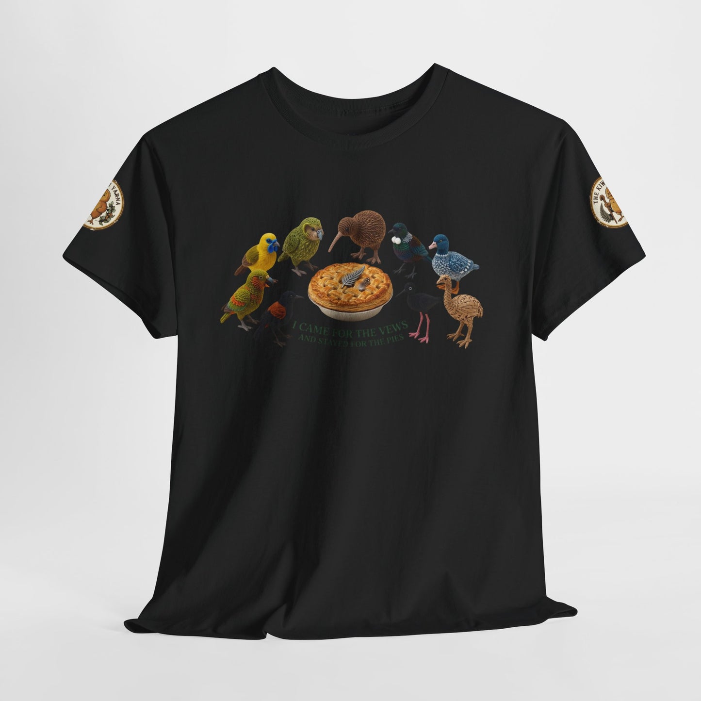 Black graphic T-shirt with birds-and-pizza front print and round sleeve patches