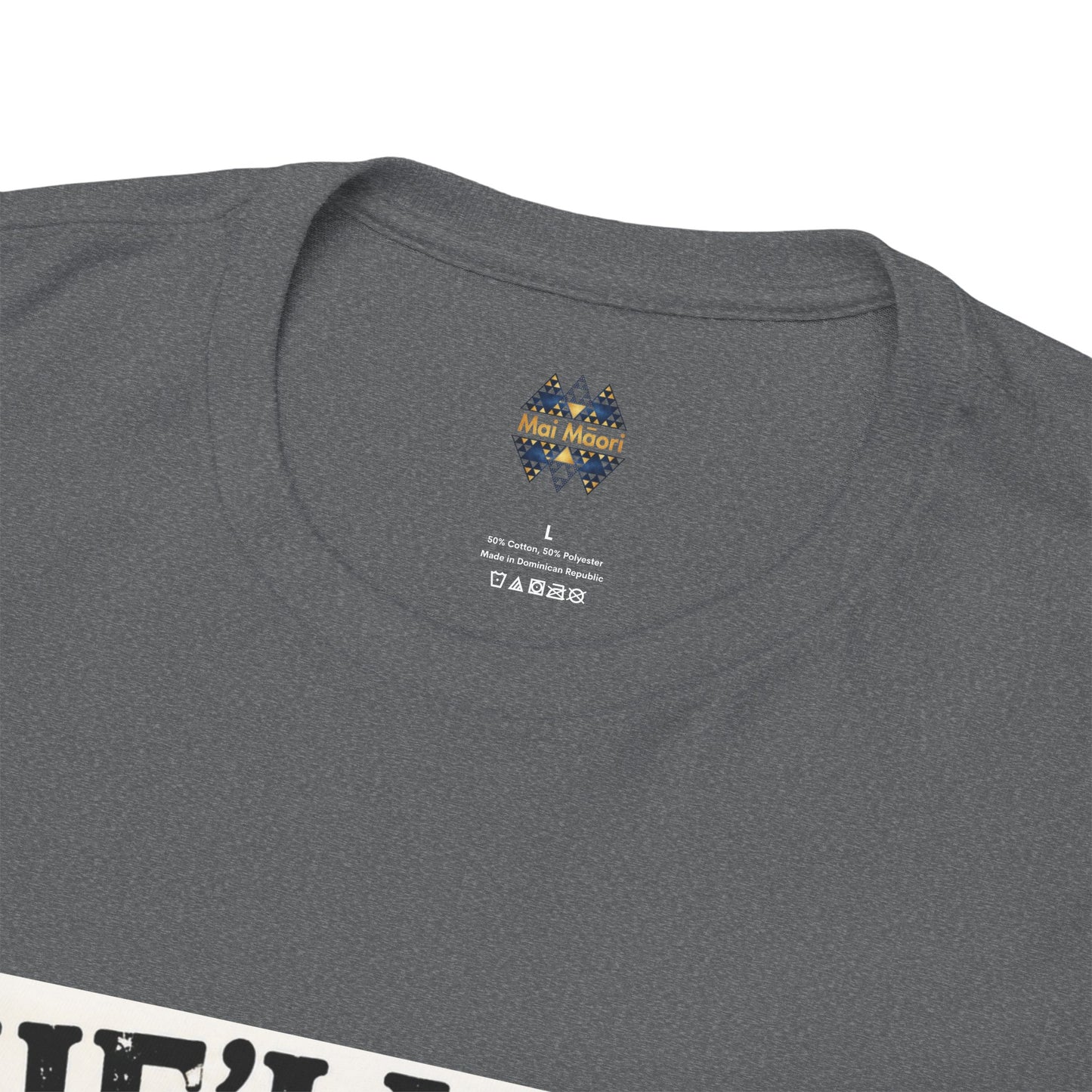 Dark gray heather T-shirt back neckline with small multicolor emblem and care labels