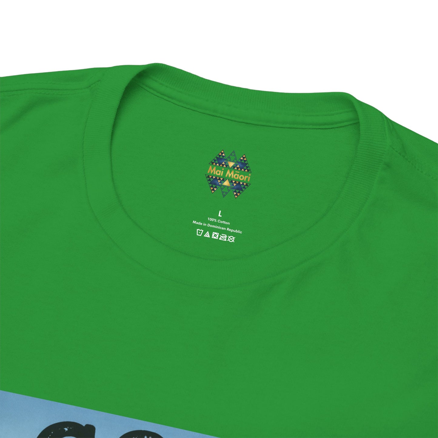 Green crew-neck T-shirt neckline with small logo emblem