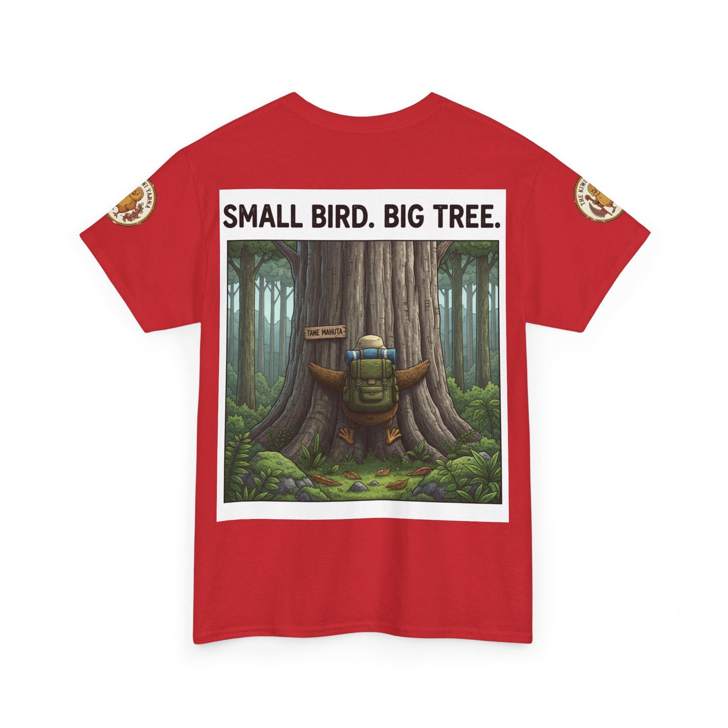 Red graphic t-shirt front with tree scene and 'Small Bird. Big Tree.' text