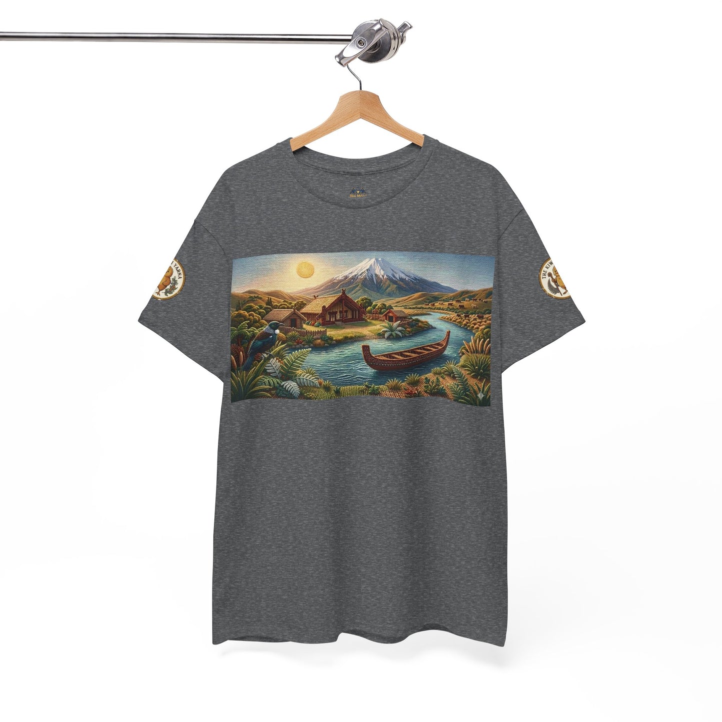 Dark gray crew-neck short-sleeve T-shirt with scenic mountain and canoe graphic panel.