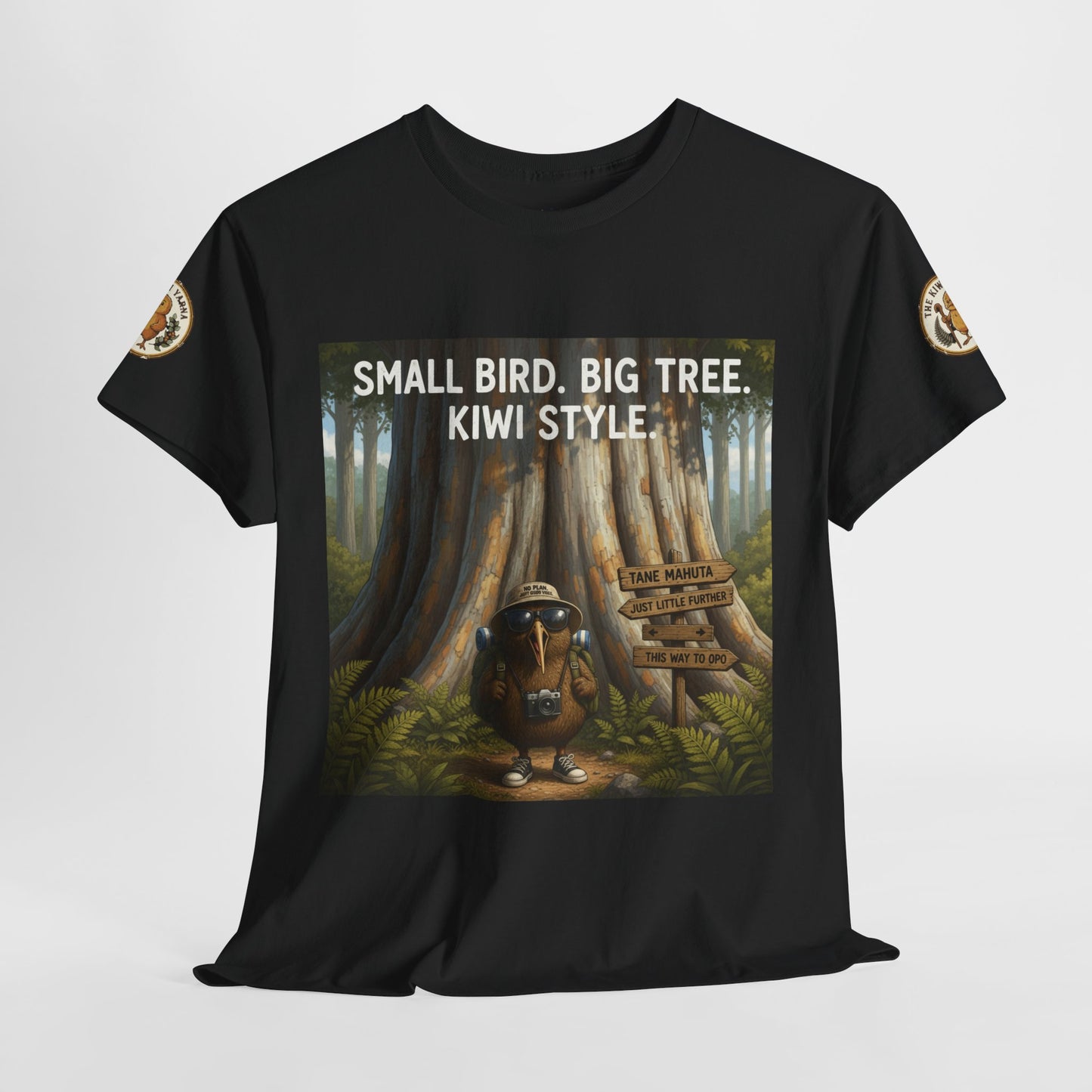 Black crew-neck T-shirt with front forest graphic panel and circular sleeve logo patches