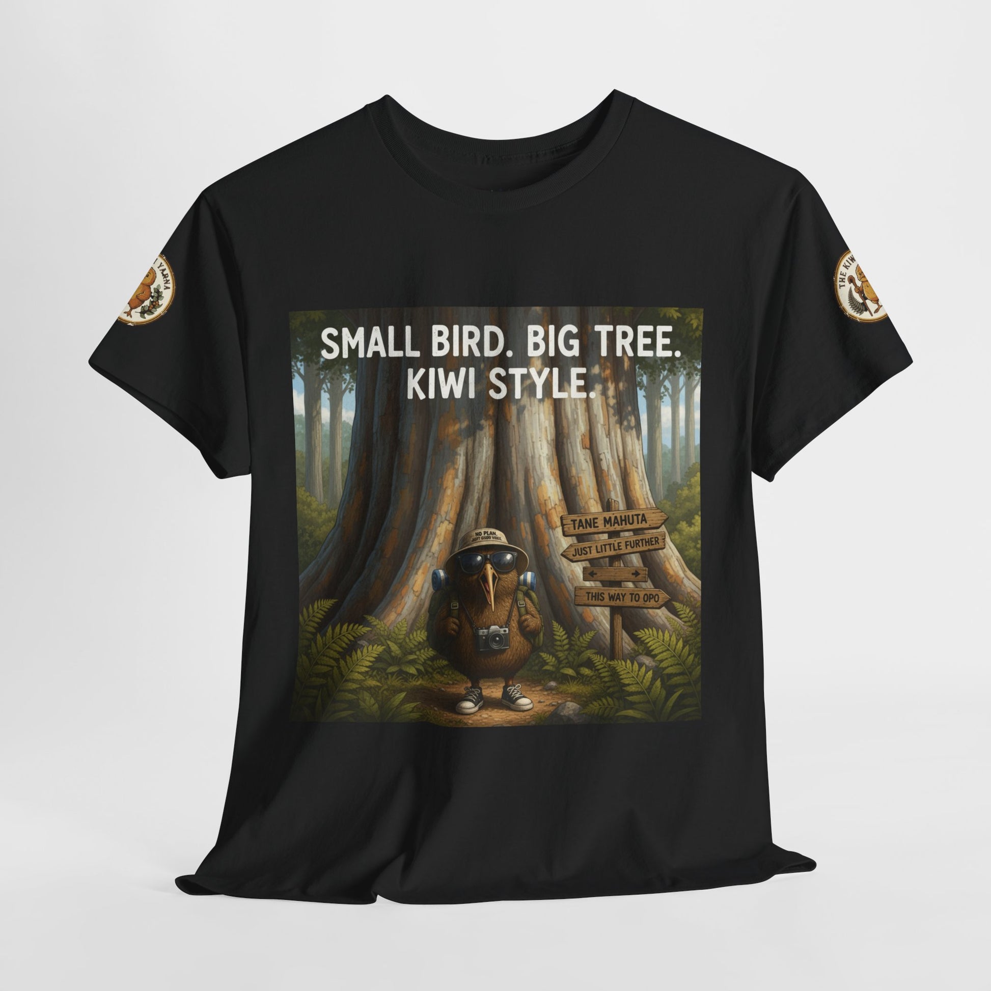 Black crew-neck T-shirt with front forest graphic panel and circular sleeve logo patches