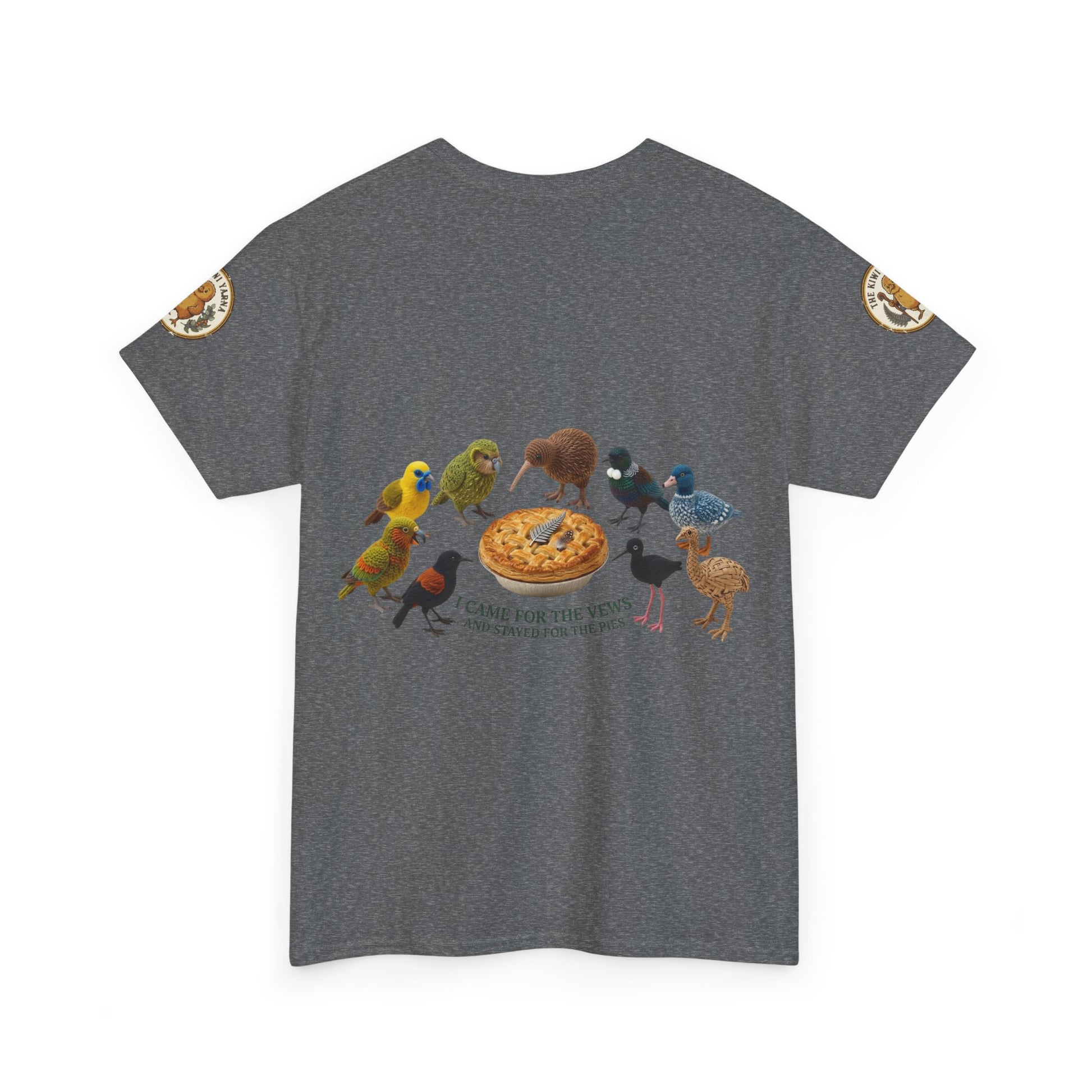 Heather gray graphic T-shirt with pizza center and colorful birds