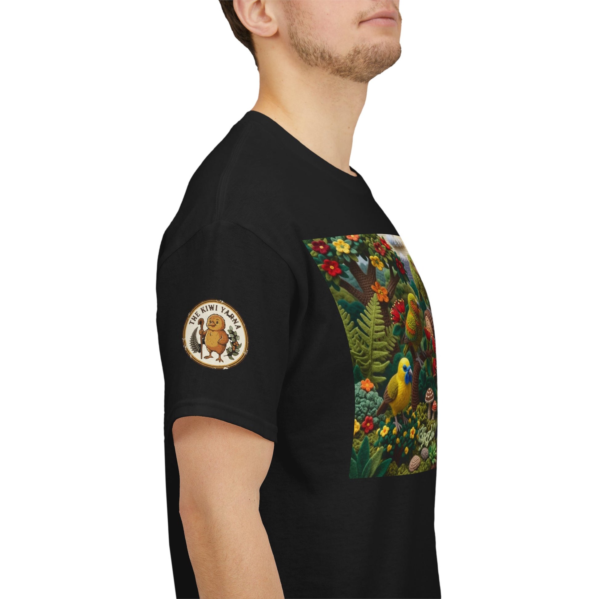 Black graphic T-shirt with round sleeve patch and nature birds print on chest