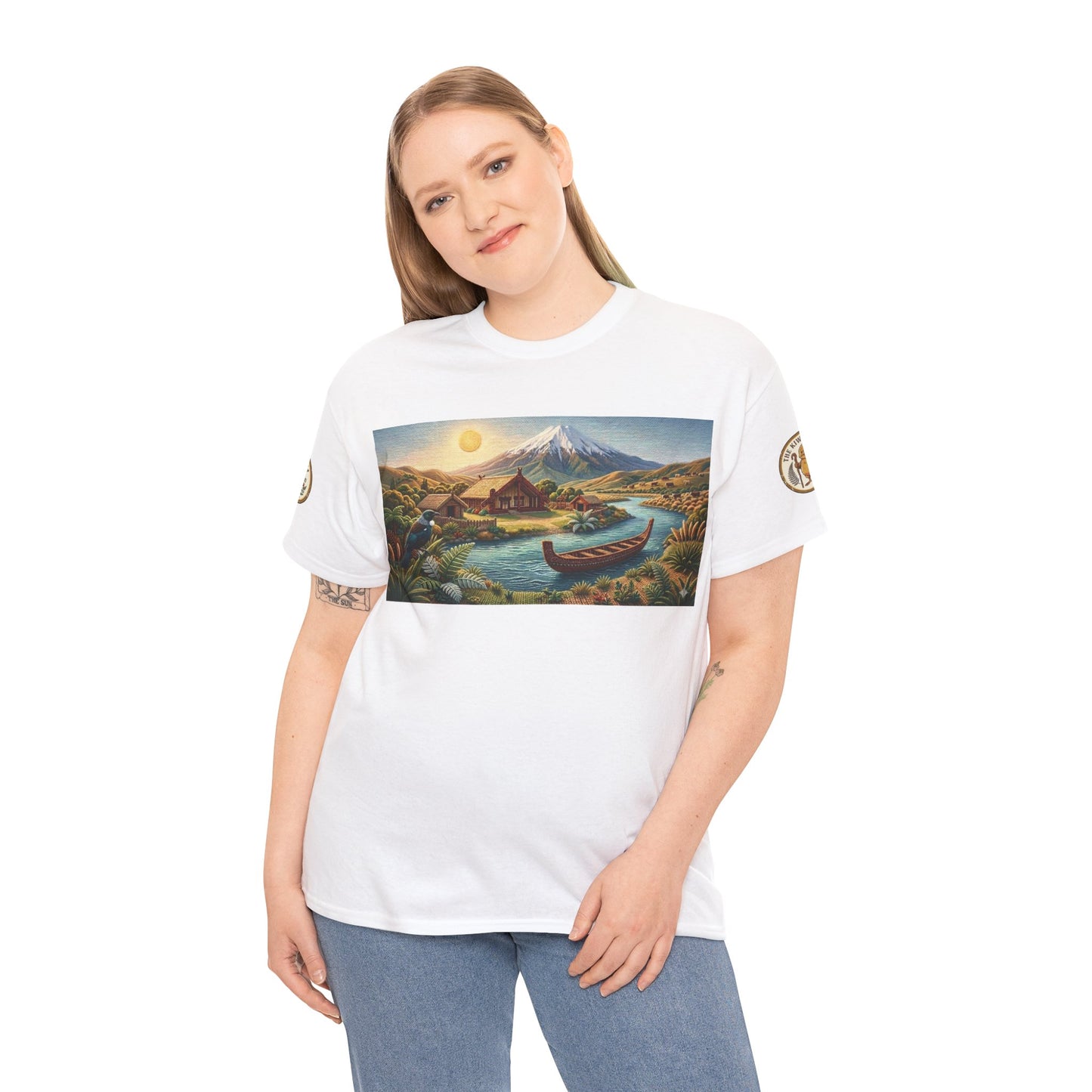 White T-shirt on model with front landscape graphic and sleeve emblem patches