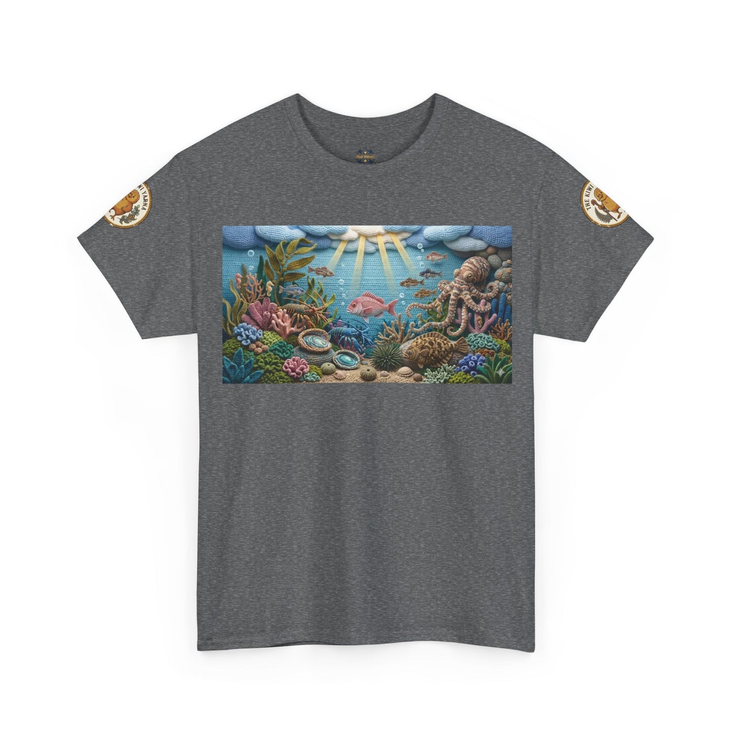 Gray T-shirt with sea scene graphic and circular shoulder patches