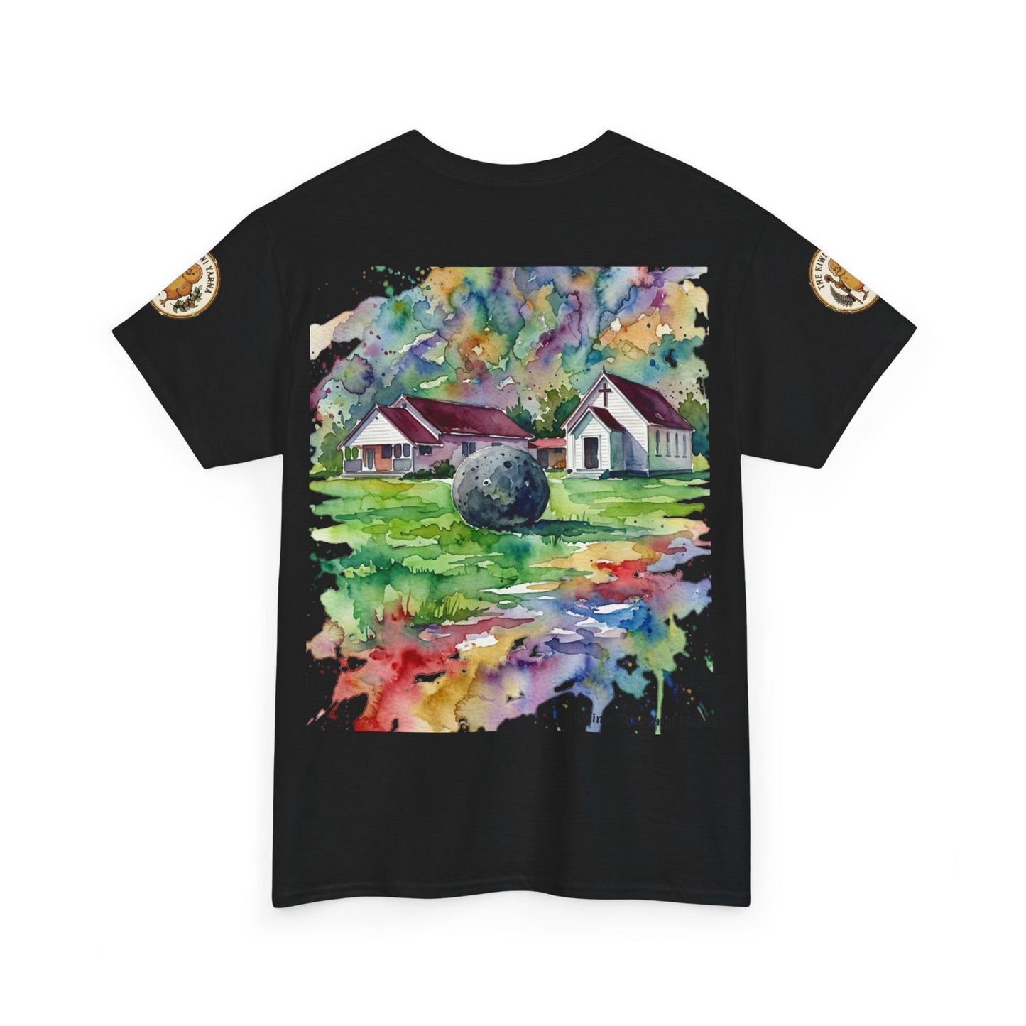 Black graphic T-shirt with watercolor house scene and round sleeve patches