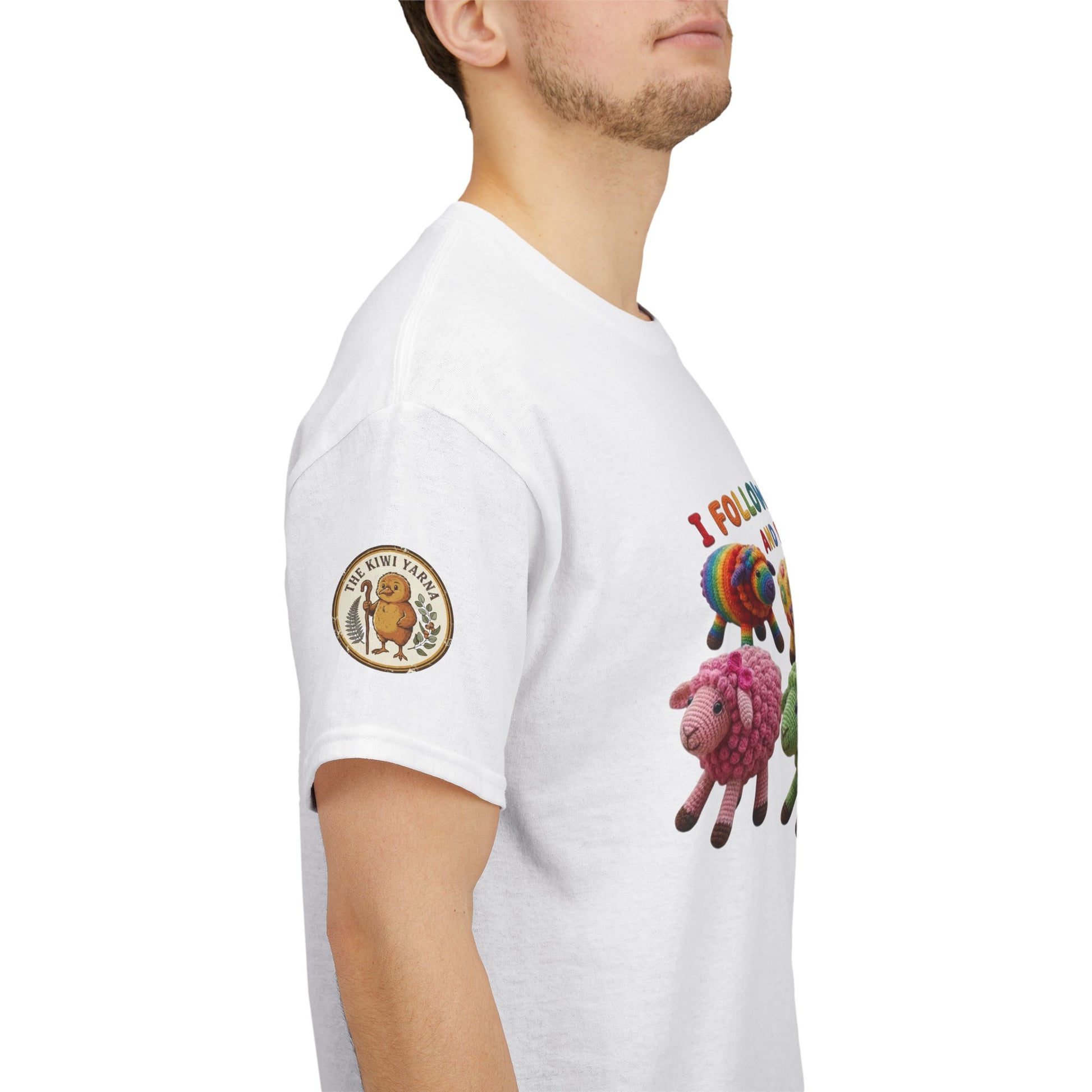 White crewneck graphic T-shirt, side view with round sleeve patch and sheep print