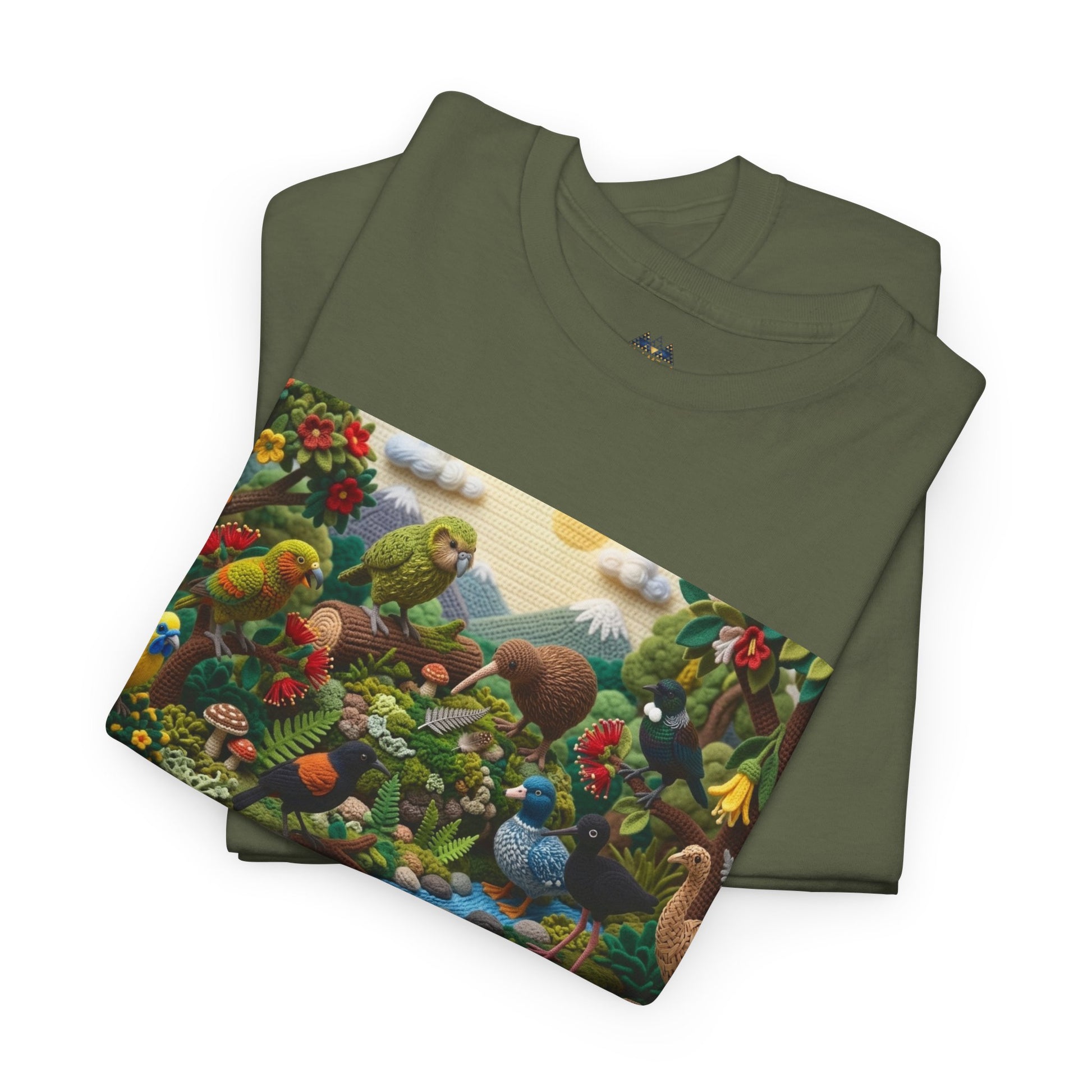Olive green crewneck T-shirt with colorful bird-and-forest rectangular graphic panel