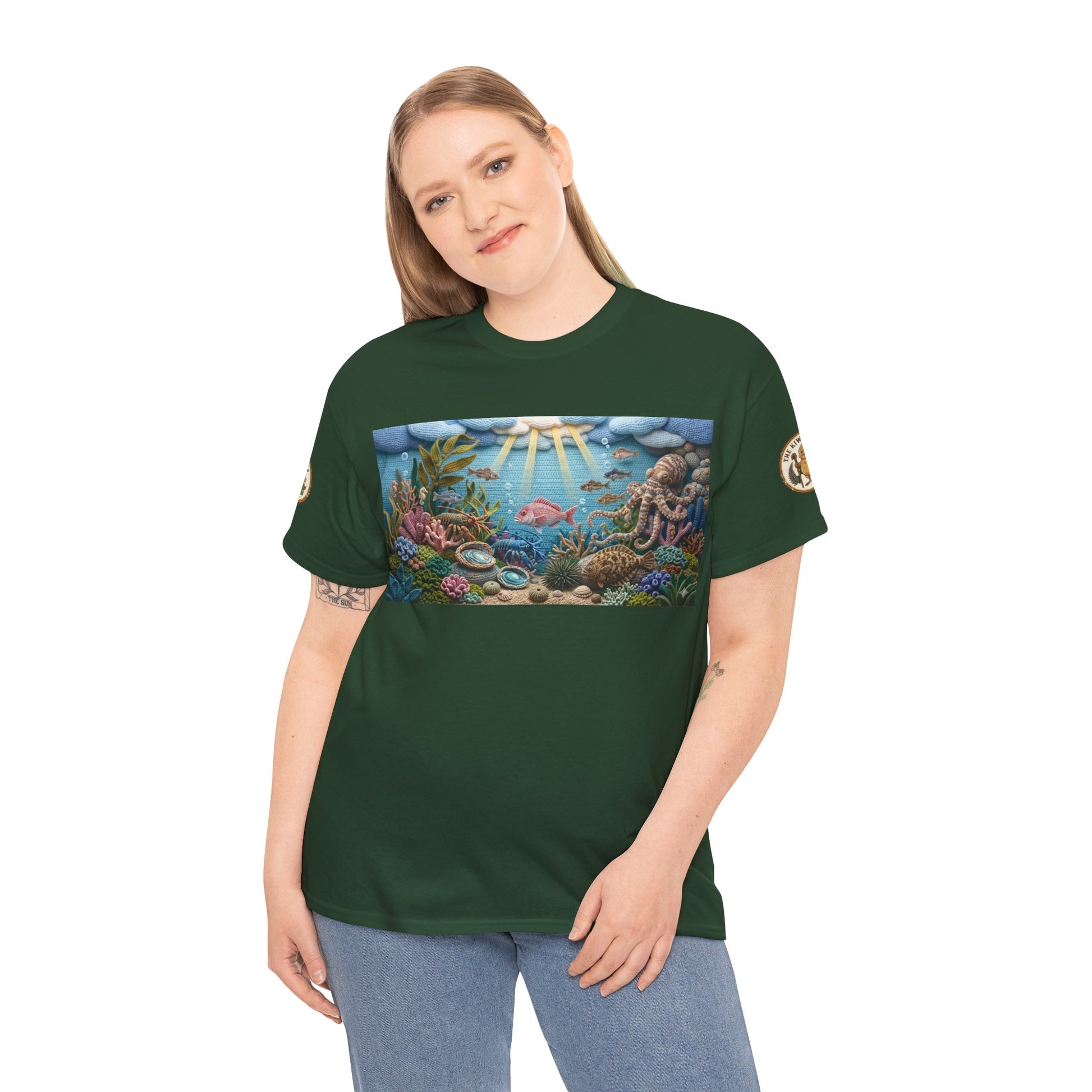 Woman wearing dark green crew-neck short-sleeve T-shirt with underwater graphic front