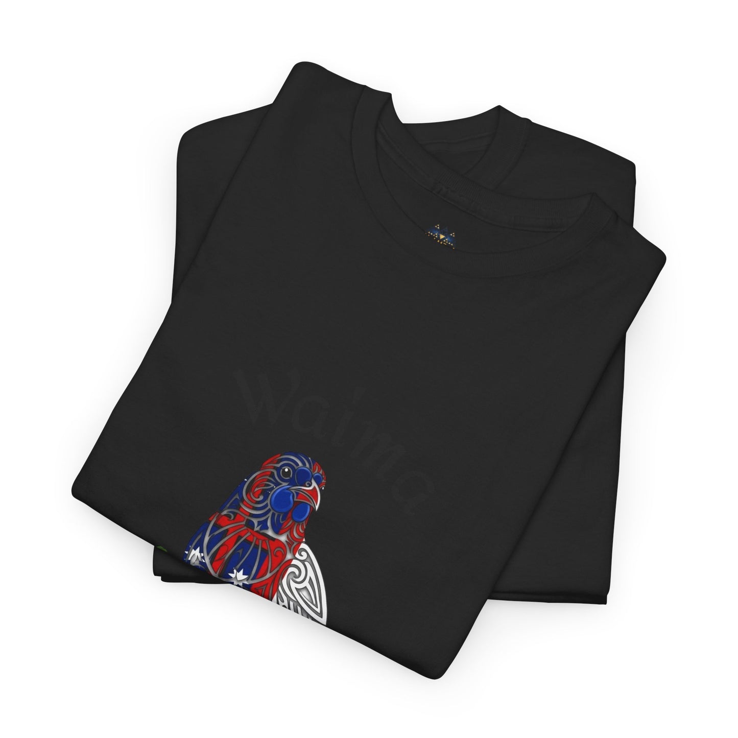 Black T-shirt laid flat with colorful bird graphic on the front