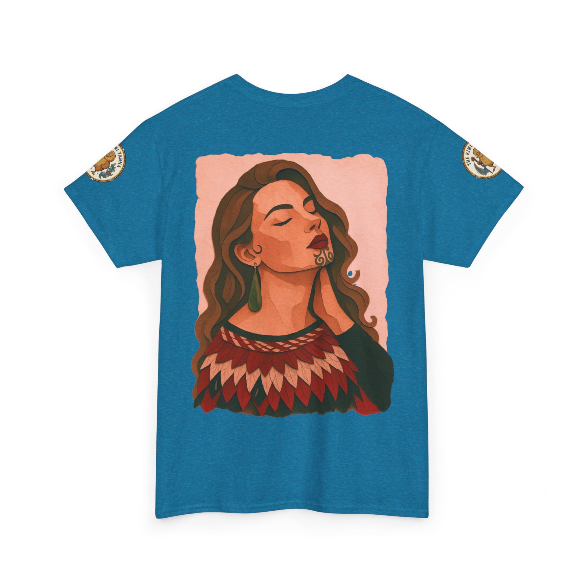 Teal graphic T-shirt with large side profile portrait print and sleeve patches