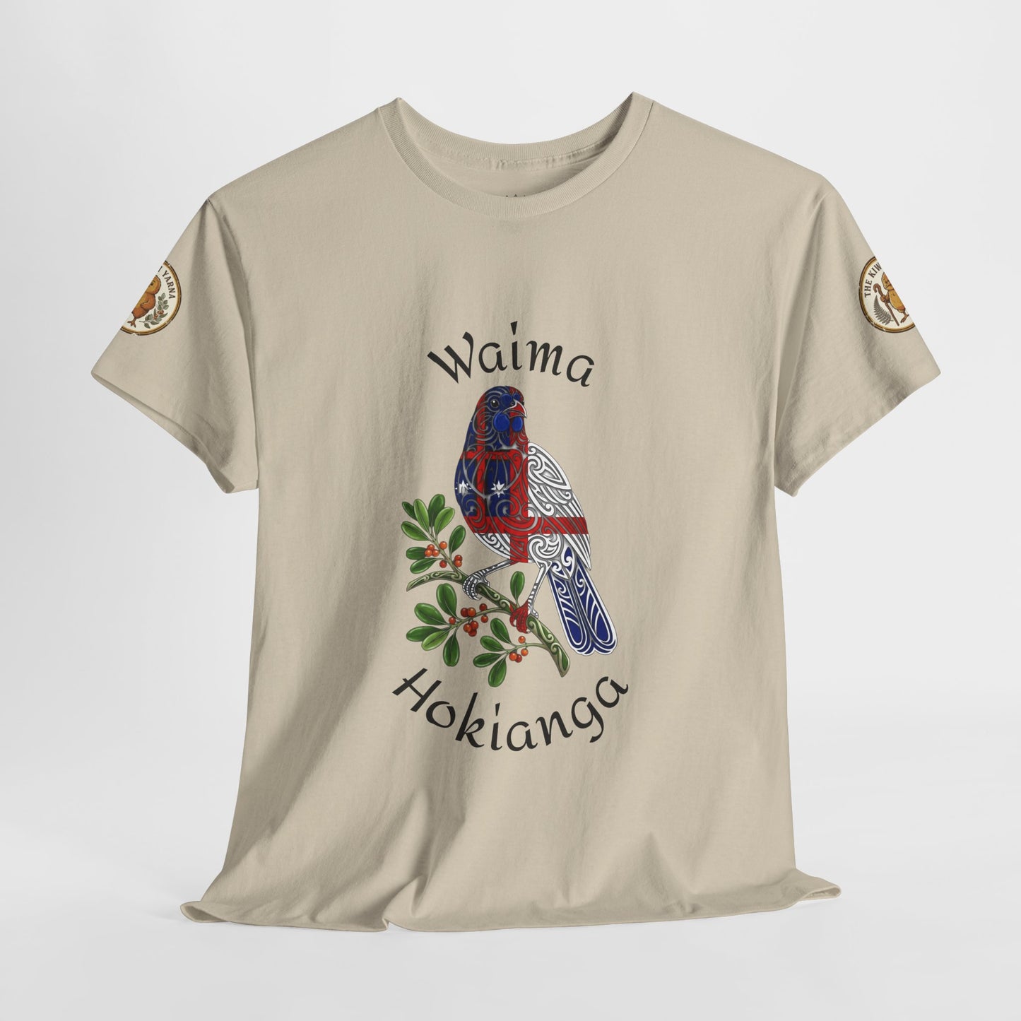 Beige T-shirt with bird and floral Waima Hokianga graphic