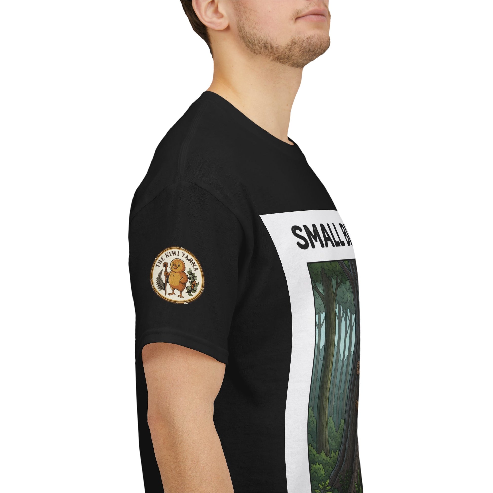 Black short-sleeve crew neck T-shirt with round sleeve logo and partial front graphic
