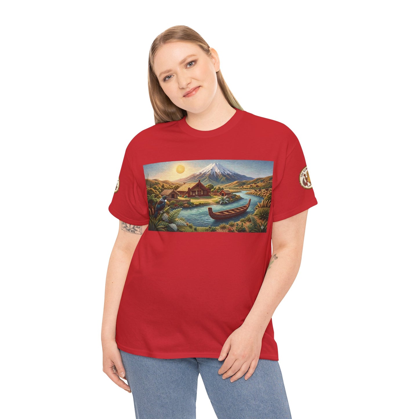 Red crew-neck T-shirt on model, front landscape canoe print