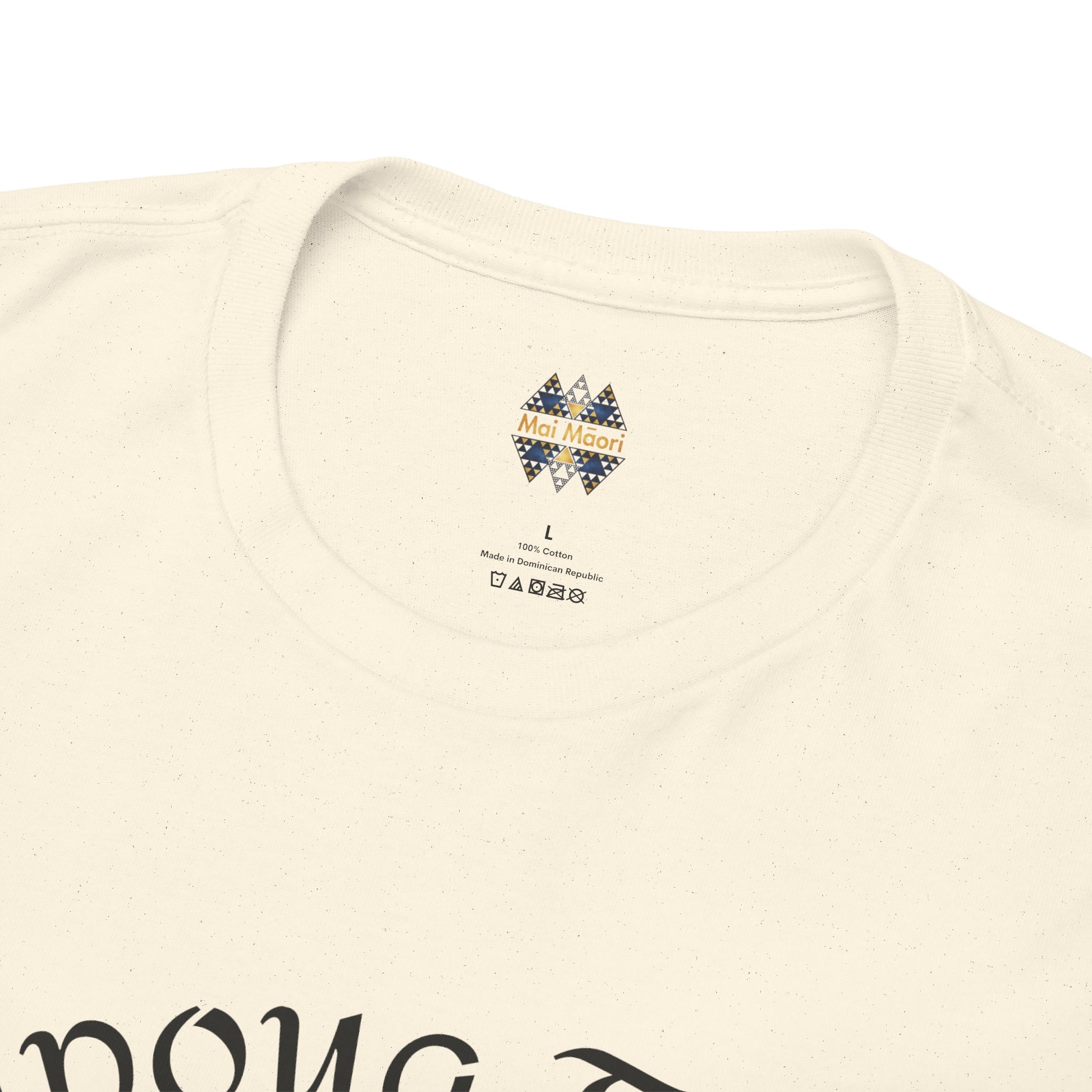 Off-white T-shirt neckline close-up with small logo emblem on back