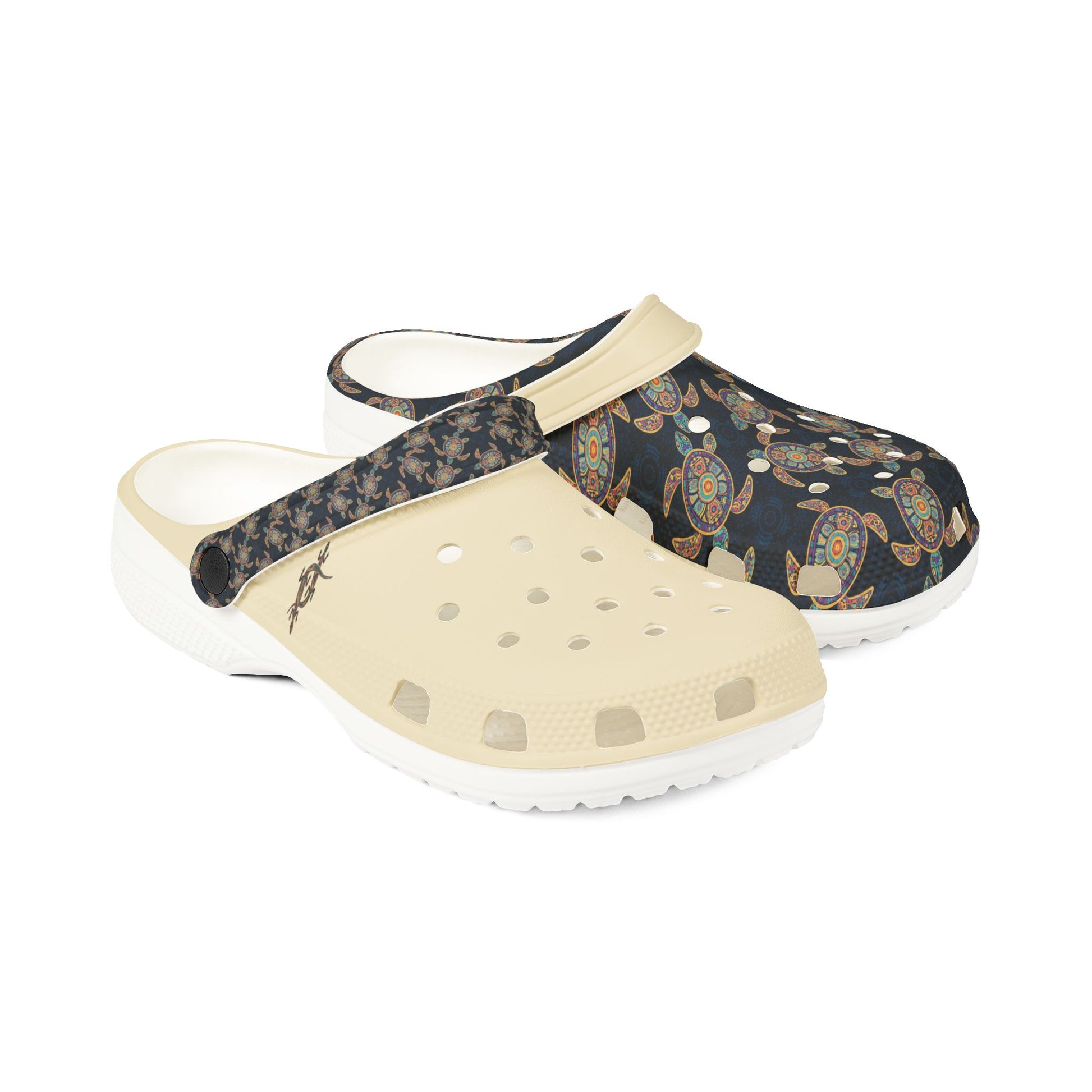 Croc-style clog with dark navy turtle print upper, light beige strap, perforated sole