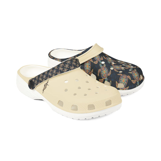 Croc-style clog with dark navy turtle print upper, light beige strap, perforated sole