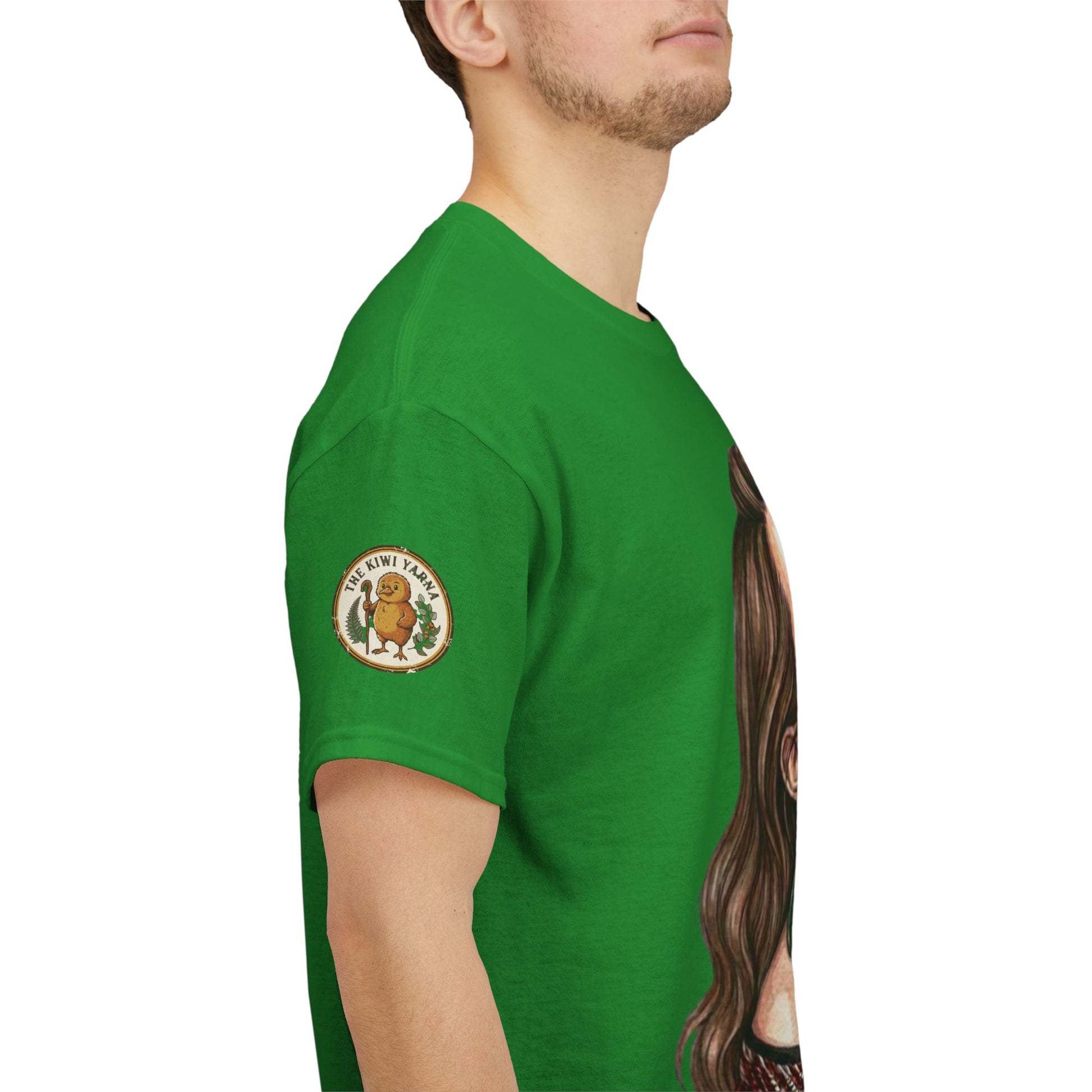 Green crew-neck graphic T-shirt, side view with round sleeve logo and partial portrait on front