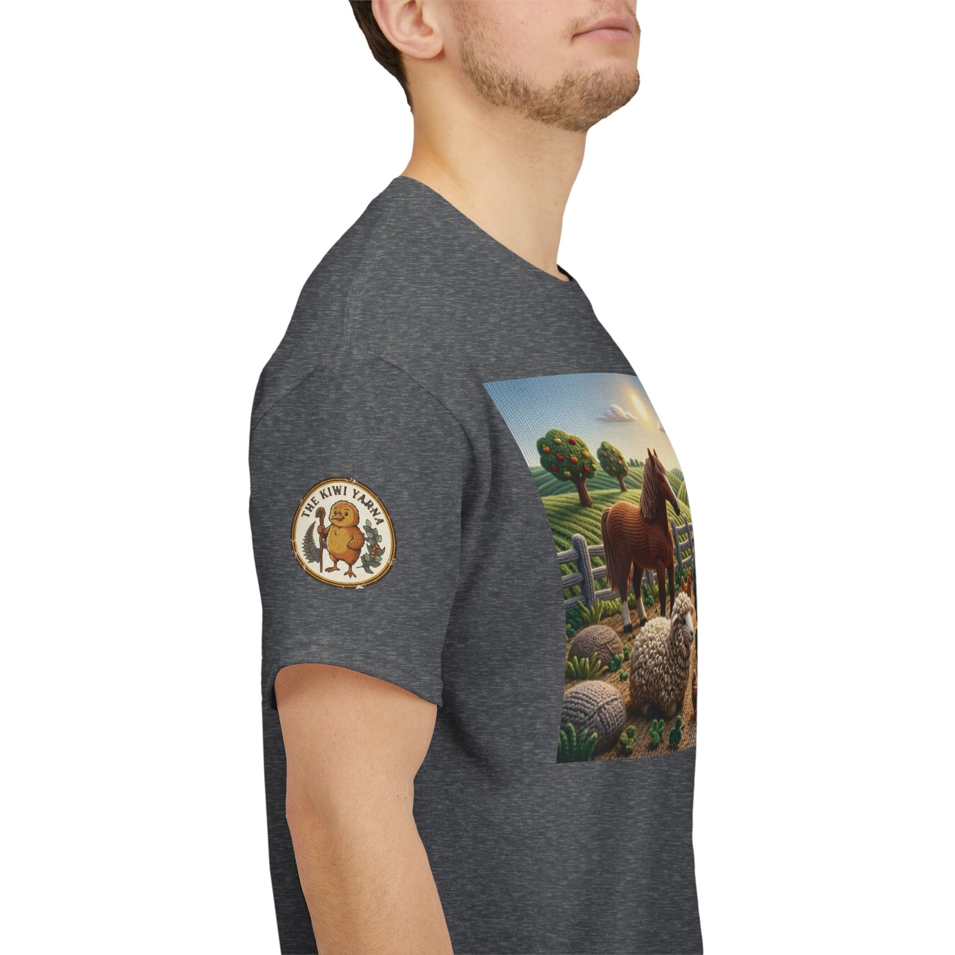 Dark heather gray T-shirt on model, side view with circular left sleeve patch
