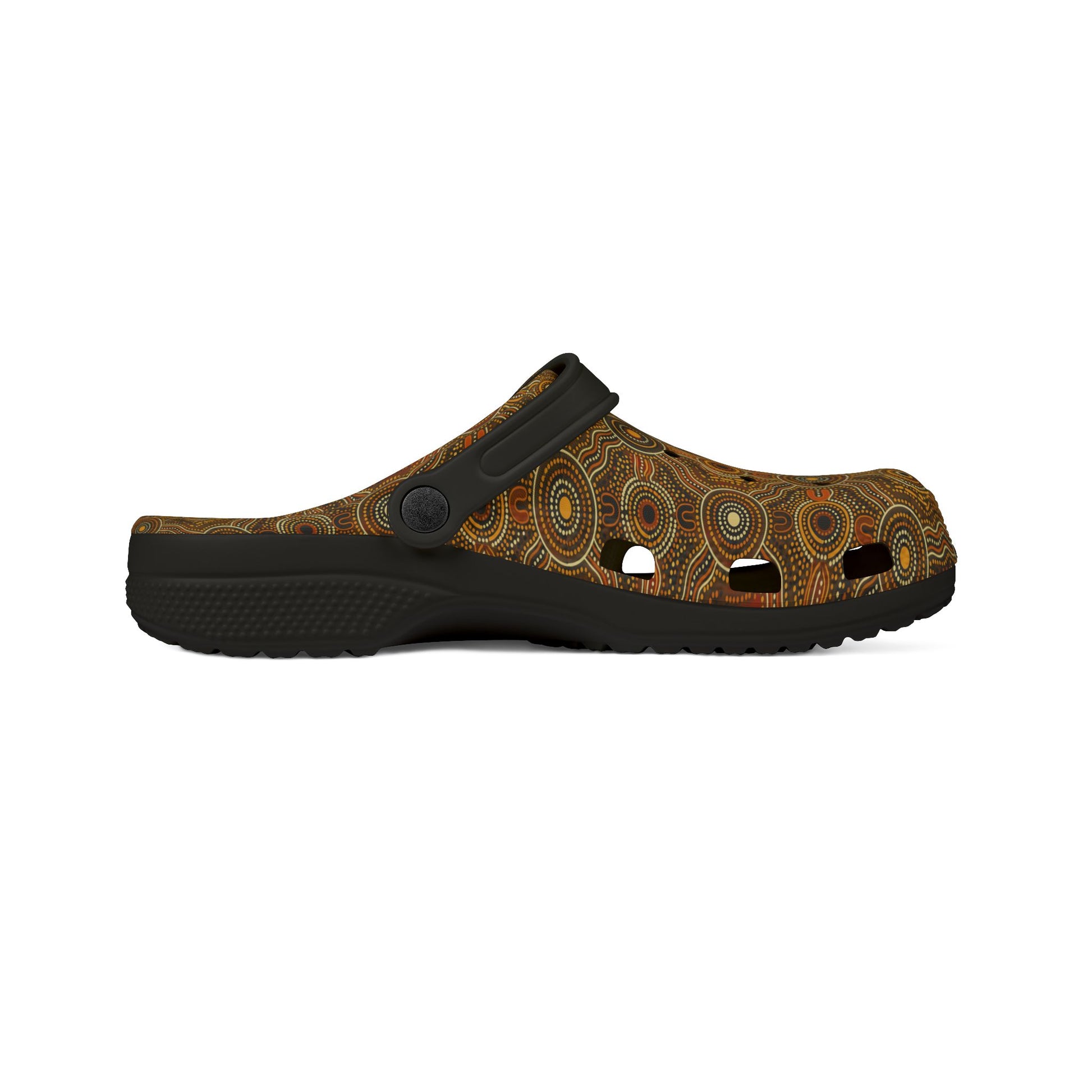 Side view slip-on clog with brown patterned upper, black strap and dark outsole